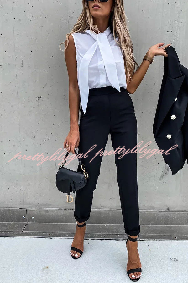 Stylish Women's Lapel Button Pocket Long Sleeve Blazer with Elastic Waist Pants Suit Set - Perfect for Office Wear, Business Meetings, and Formal Occasions