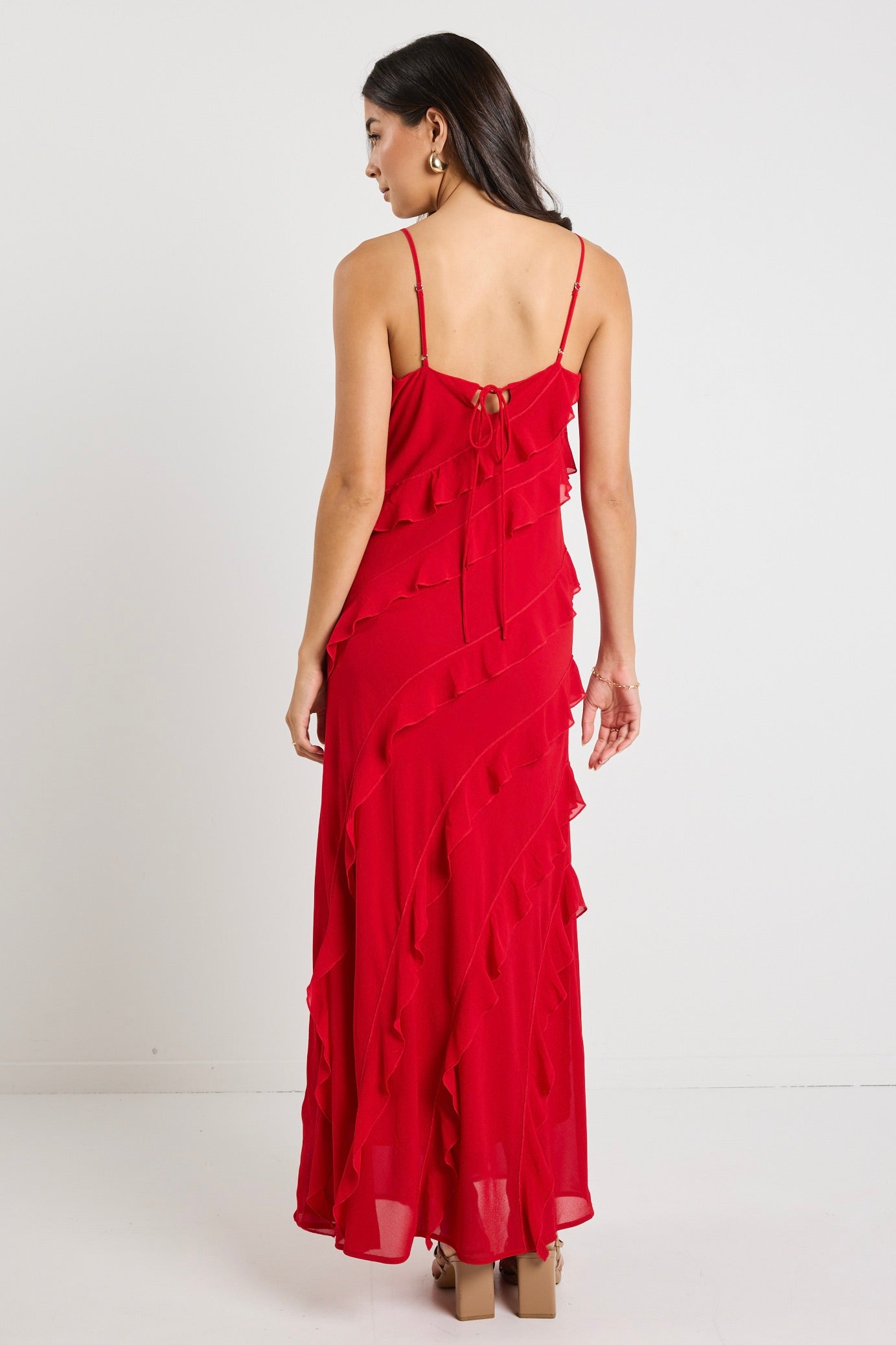 Elegant Galore Flame Bias Ruffle Slip Maxi Dress for Women - Flowy Summer Beach Wedding Party Gown - Perfect for Vacations, Date Nights & Special Occasions