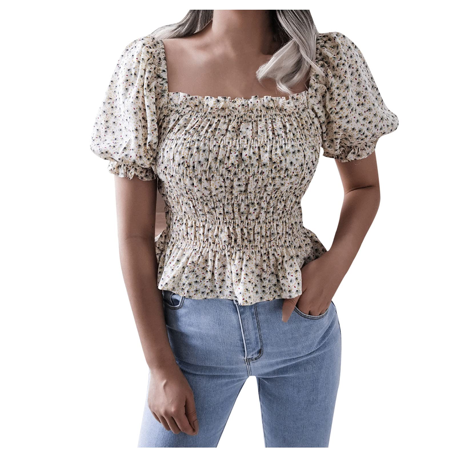Elegant Chiffon Blouse with Flounce Sleeves & Collar - Women's Short Sleeve T-Shirt Top for Casual Wear, Office & Date Night Outfits