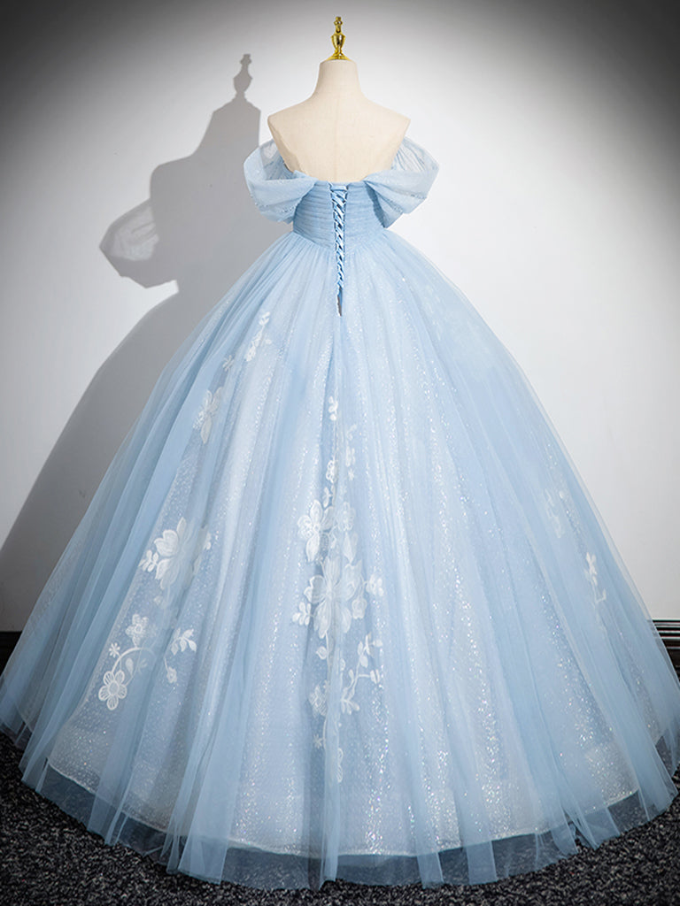 Elegant A-Line Tulle Lace Blue Long Prom Dress | Off-Shoulder Sweet 16 Formal Gown | Perfect for Homecoming, Quinceañera & Evening Parties
