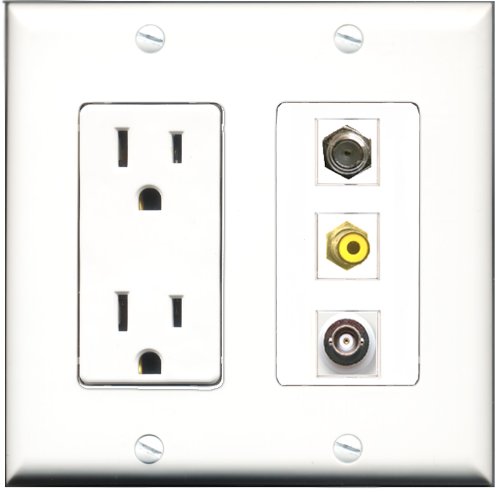 RiteAV 15 Amp Power Outlet Wall Plate with 1 RCA Yellow Port, 1 Coax Port & 1 BNC Port - Decorative Multi-Port Cover for Home Theater, Office & AV Setup