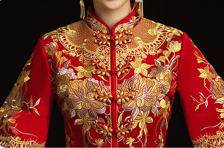 Exquisite Half Sleeve Embroidered Traditional Chinese Wedding Qun Gua Dress - Perfect for Bridal Ceremonies, Tea Parties & Cultural Celebrations