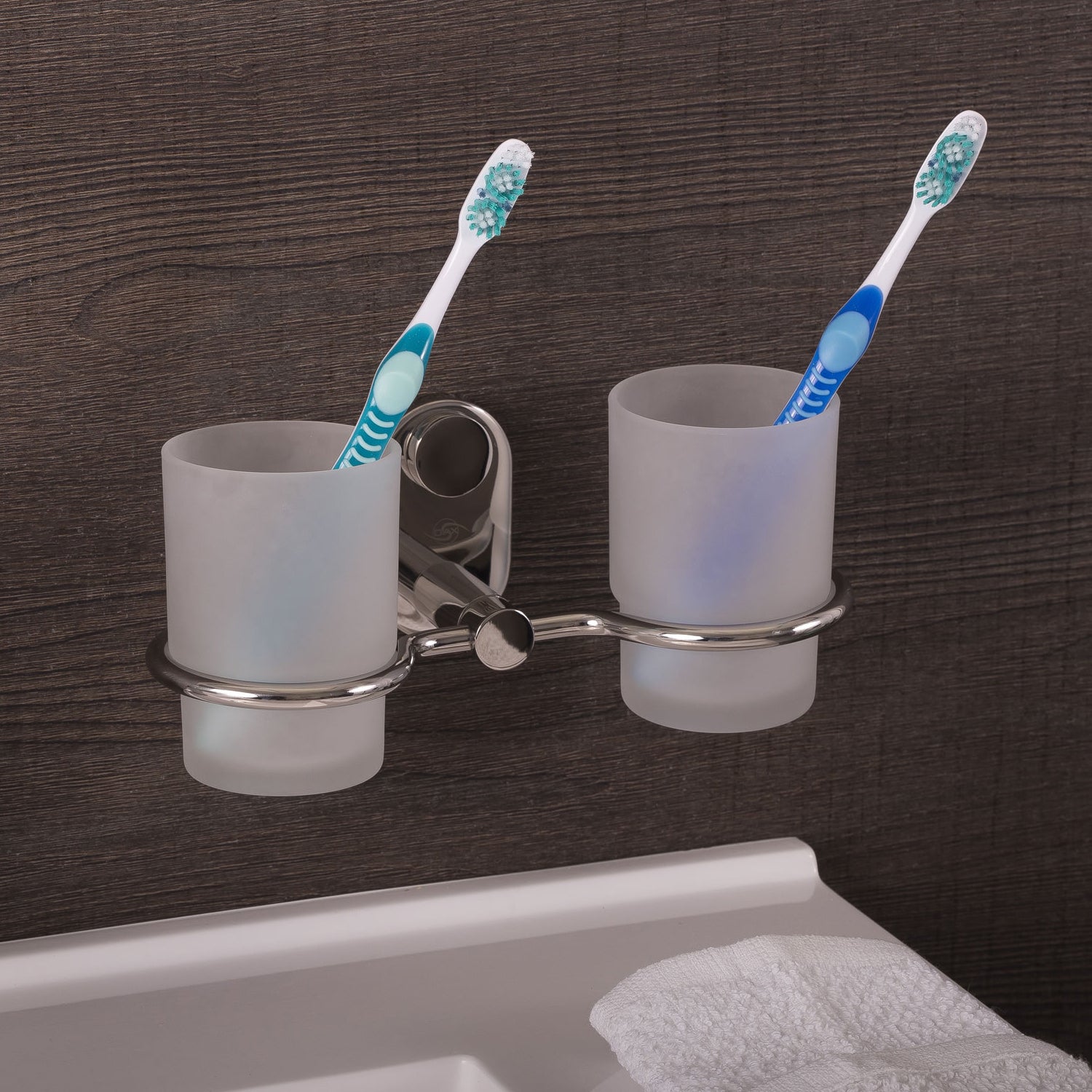 DAX Stainless Steel Wall Mount Toothbrush Holder with Glass Cup - Double Tumbler Bathroom Organizer, Polished Finish, 8.25