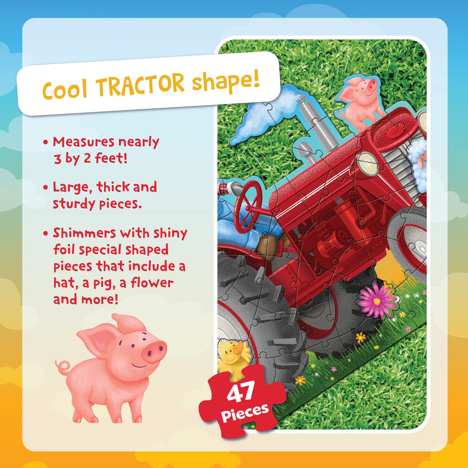 Peaceable Kingdom Shiny Tractor Floor Puzzle - 24-Piece Giant Farm Tractor Jigsaw Puzzle for Kids Ages 3+ - Extra Large Fun-Shaped Puzzle Pieces - Educational Toy for Preschool & Kindergarten Classrooms - Perfect for Farm-Themed Learning Activities & Birthday Gifts
