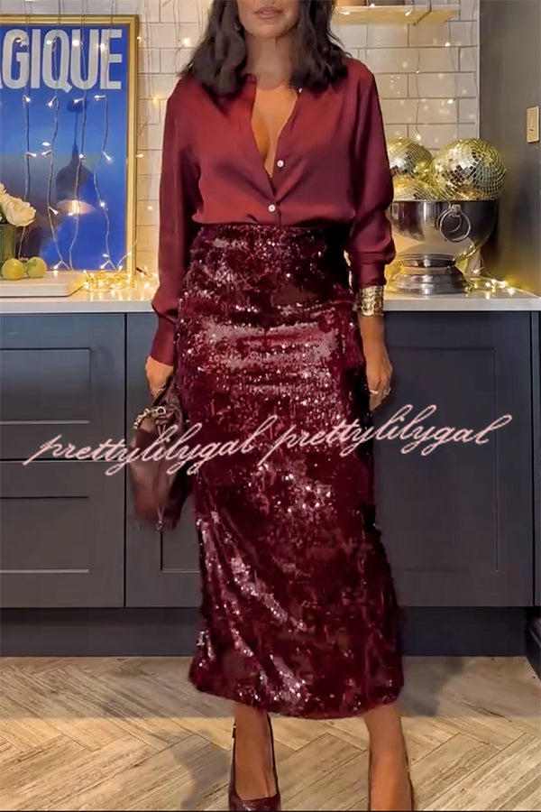 Festive Sequin Elastic Waist Maxi Skirt with High Slit - Perfect for Christmas Parties, NYE Celebrations & Holiday Events