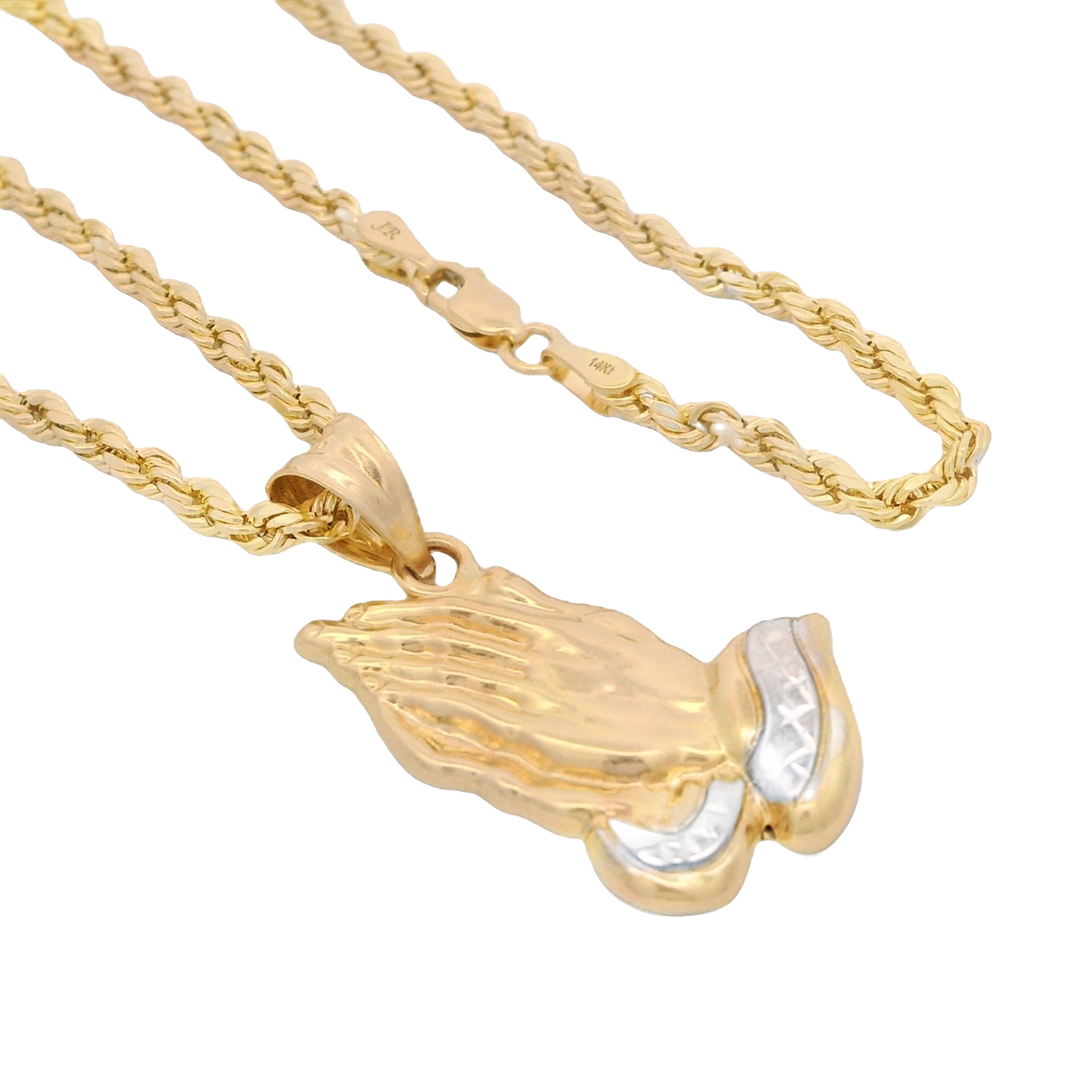 14K Gold Praying Hands Pendant with Hollow Rope Chain Necklace - 22 Inches - Religious Jewelry for Women & Men - Perfect for Church, Prayer & Daily Wear - JTJ™