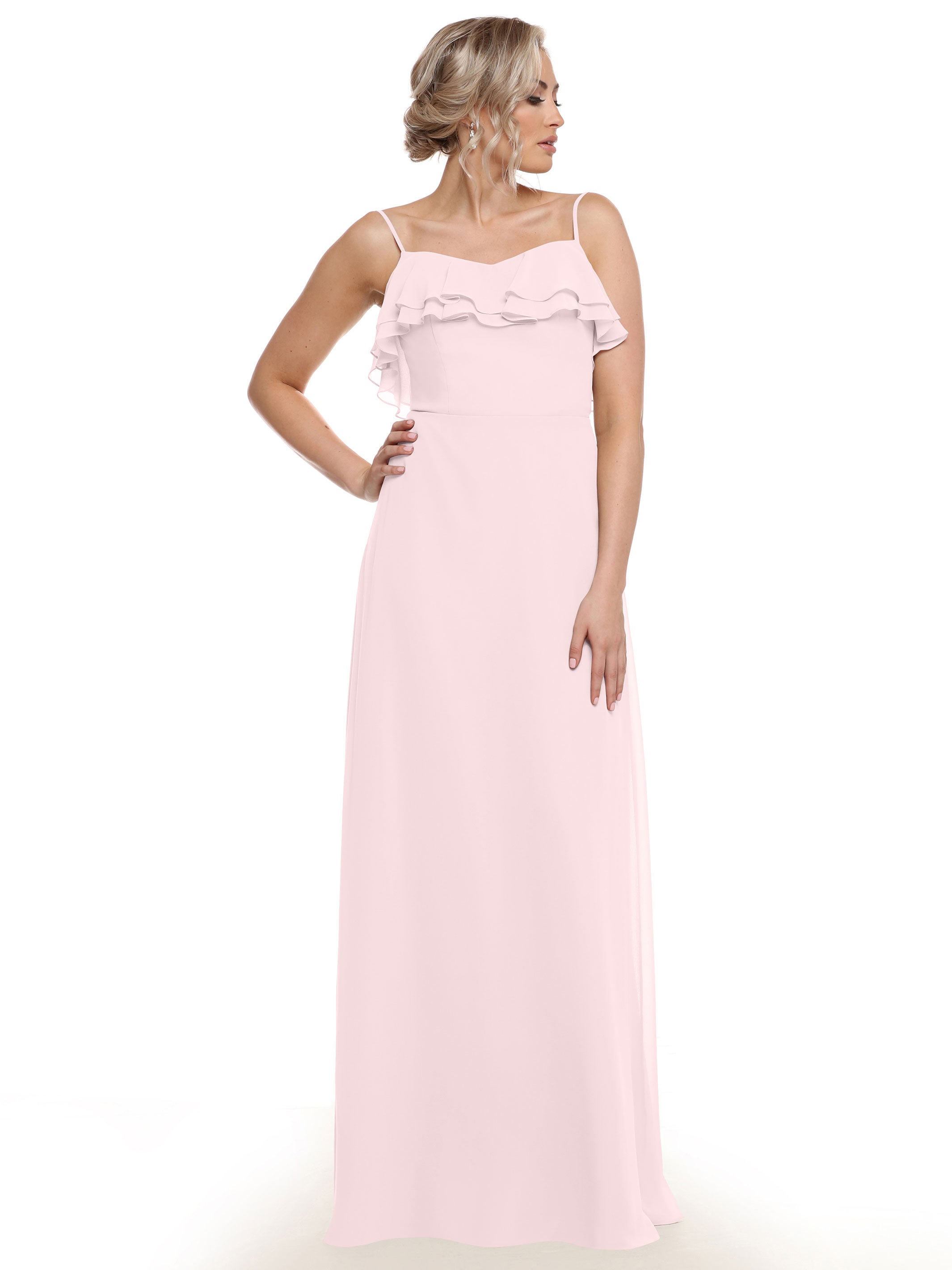 Elegant 80146 Sheath Chiffon Bridesmaid Dress with Ruffled Neckline - Perfect for Weddings, Formal Events & Special Occasions