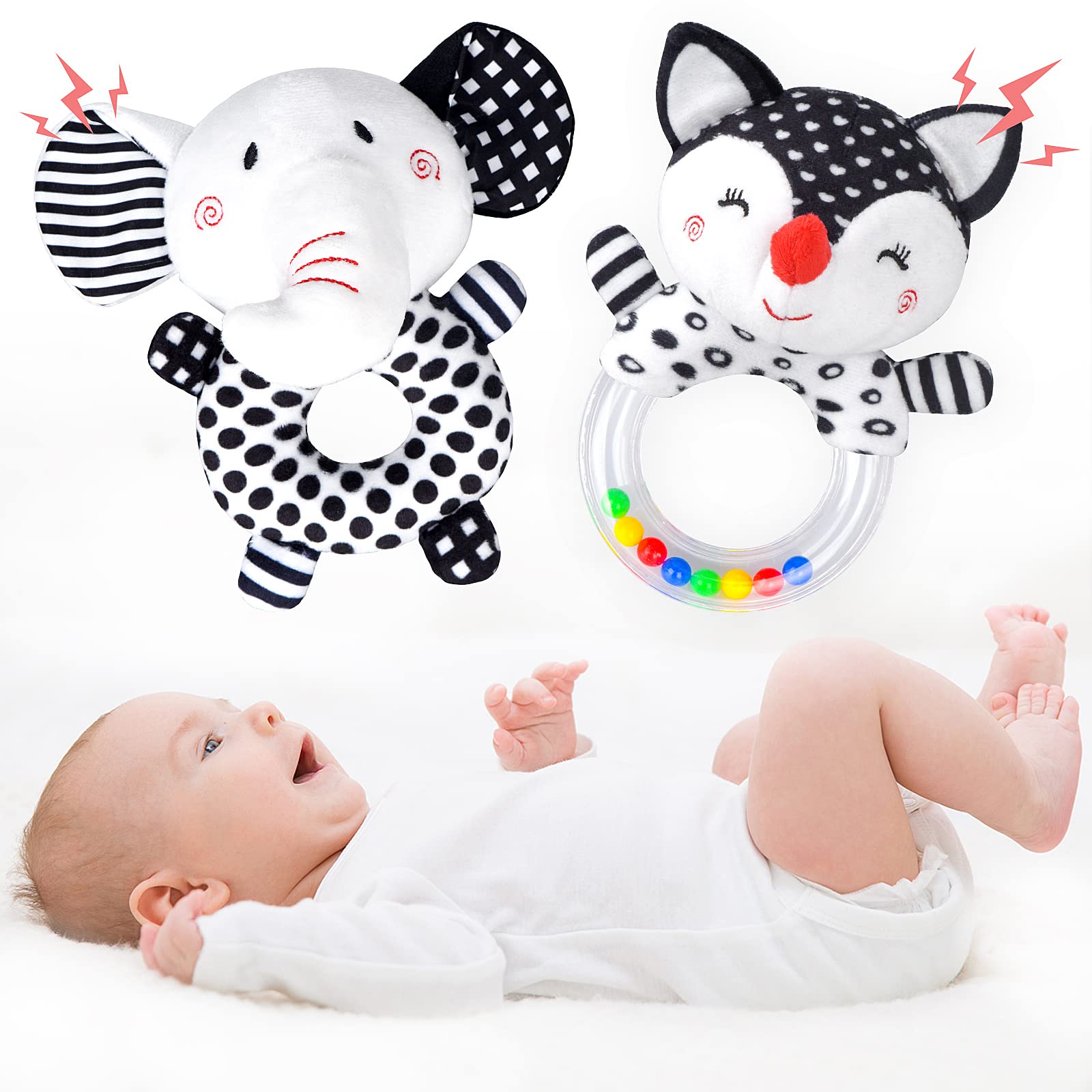 High Contrast Black & White Baby Rattles 0-12 Months - Newborn Sensory Toys for 0-3 6 9 12 Month Old Boys & Girls - Perfect for Early Visual Development & Tummy Time Play