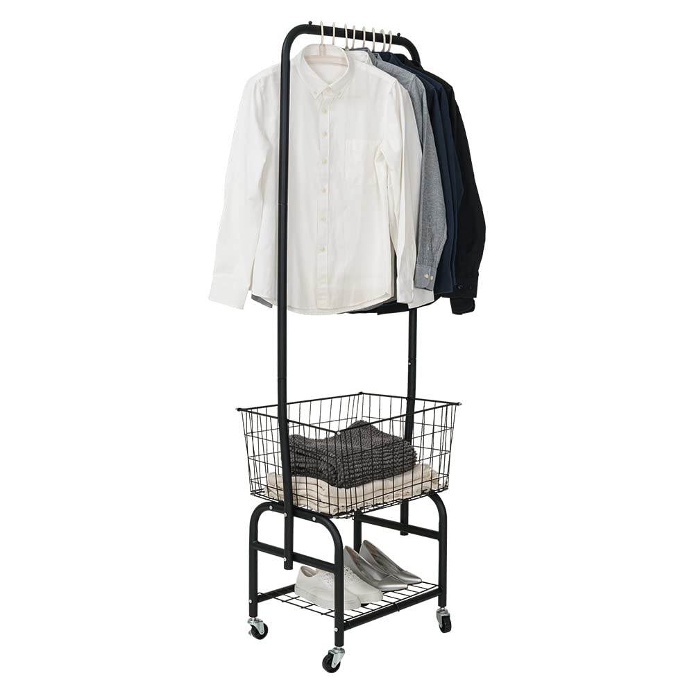 Free Standing Metal Coat Rack with Storage Basket & Wheels - Heavy Duty Clothing Hanger Organizer for Entryway, Bedroom, or Office (Black) - Perfect for Home, Dorm, and Commercial Spaces