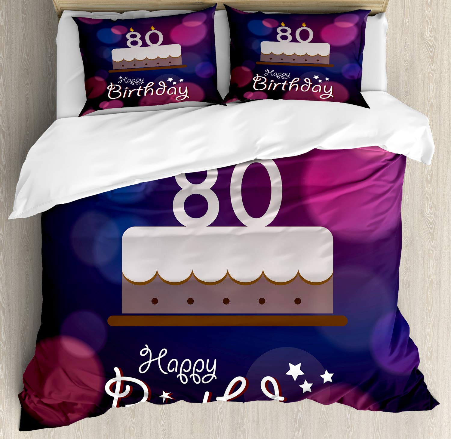 Ambesonne 80th Birthday Duvet Cover Set - Abstract Party Cake & Candles Design - 3 Piece California King Bedding Set with 2 Pillow Shams in Purple Pink Lilac - Perfect for Birthday Celebrations, Guest Room Decor & Special Occasion Gifts