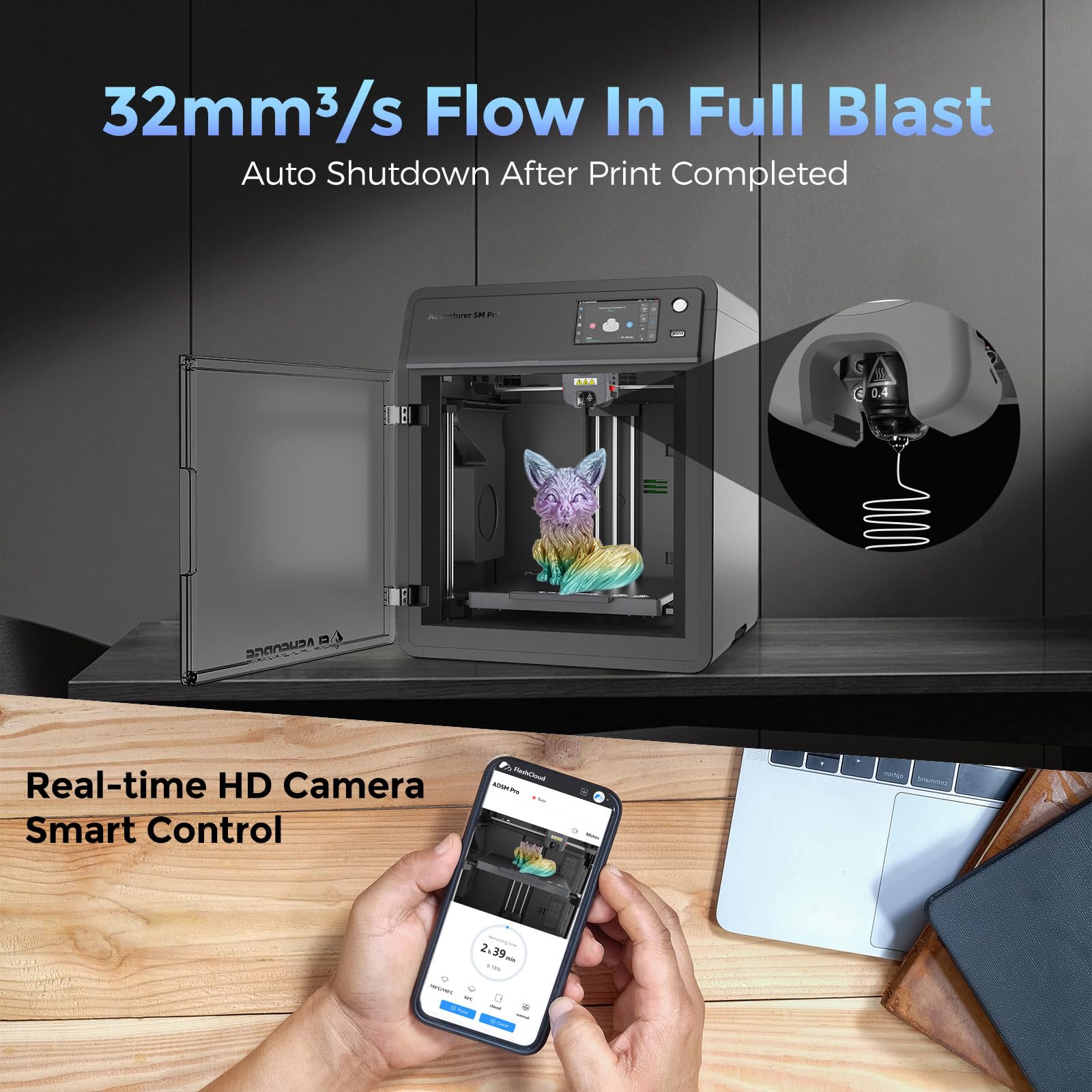 FLASHFORGE Adventurer 5M Pro 3D Printer - 600mm/s High-Speed FDM Printer with Auto Leveling, 280°C Quick Detachable Nozzle & Core XY Structure | Dual Filtration System | 220x220x220mm Build Volume | Perfect for Home, Office & Educational 3D Printing Projects