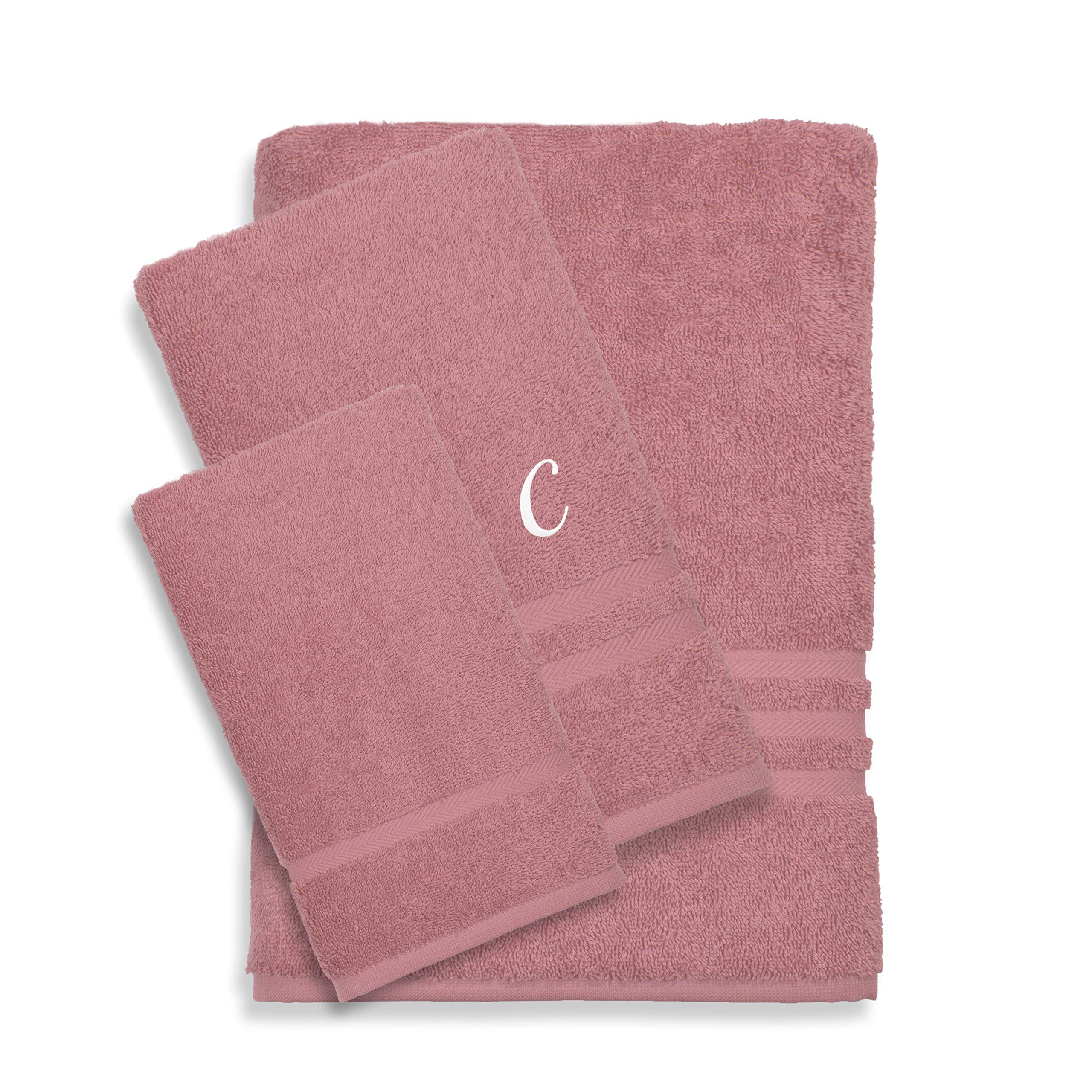 Luxury Omni Turkish Cotton 3-Piece Bath Towel Set - Hotel & Spa Quality, Monogrammed Tea Rose Design in Pink/White - Perfect for Bathrooms, Guest Rooms & Wedding Gifts