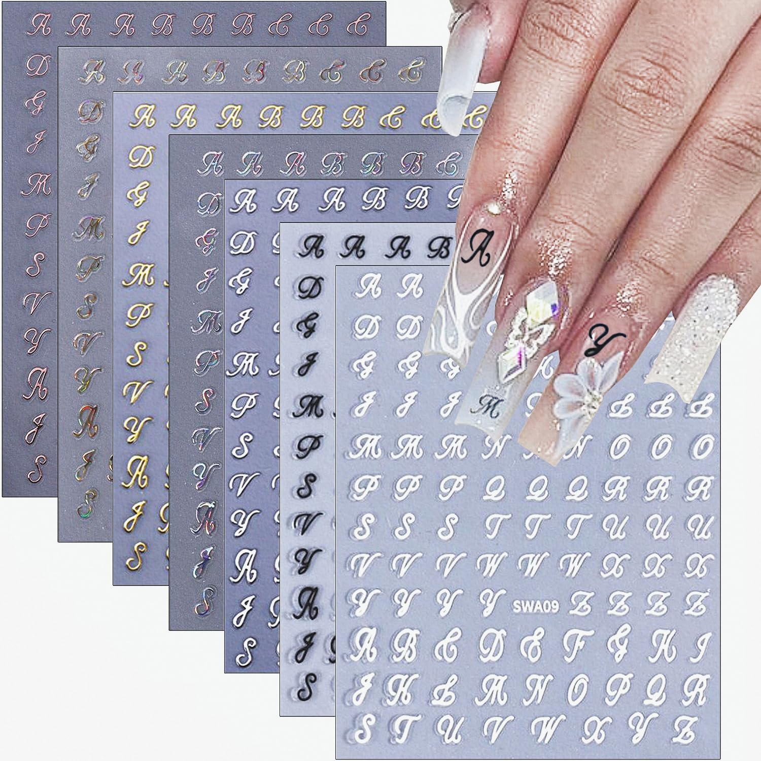 Vintage Nail Stickers - Old English Letters for DIY Manicure | Nail Art Decals for Women (8 Sheets) - Perfect for Parties & Special Occasions