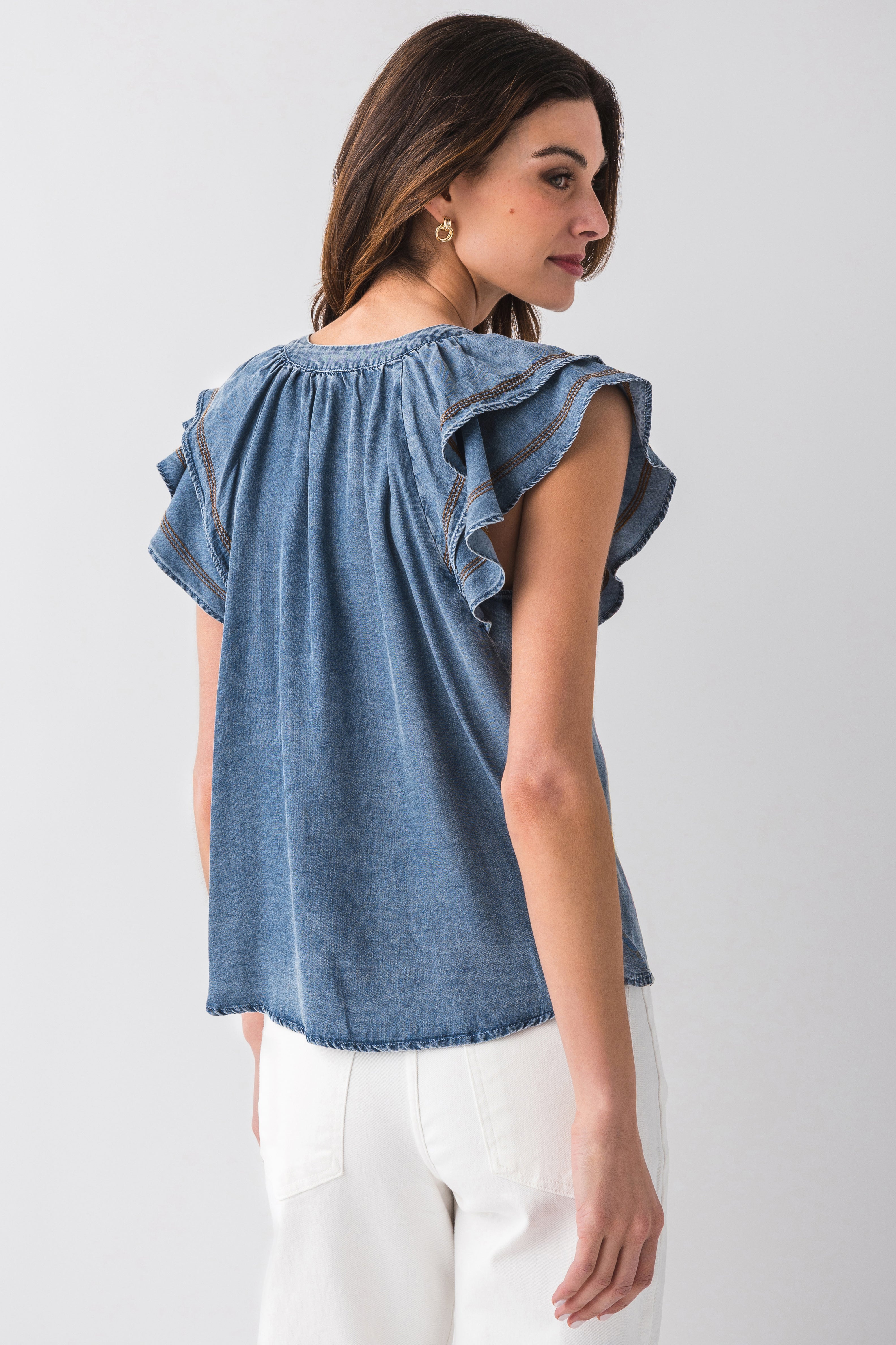Elegant V-Neck Blouse with Ruffle Trim - Women's Fashion Tops for Work, Date Night & Special Occasions