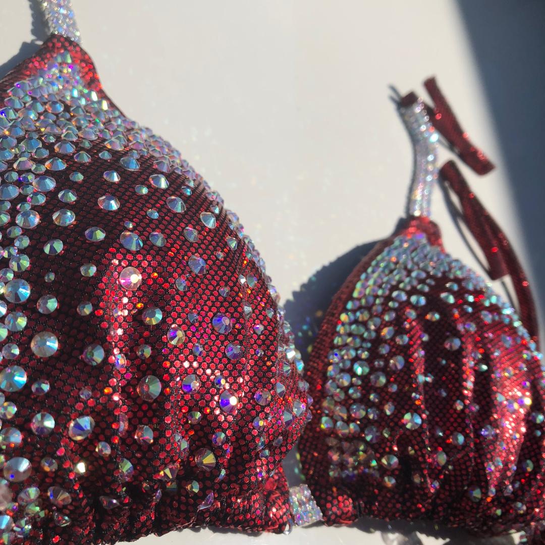 Red Crystal Bikini Set with Clustered Stones - Front & Back Physique Swimsuit for Beach, Pool & Photo Shoots | Sexy Figure Posing Suit