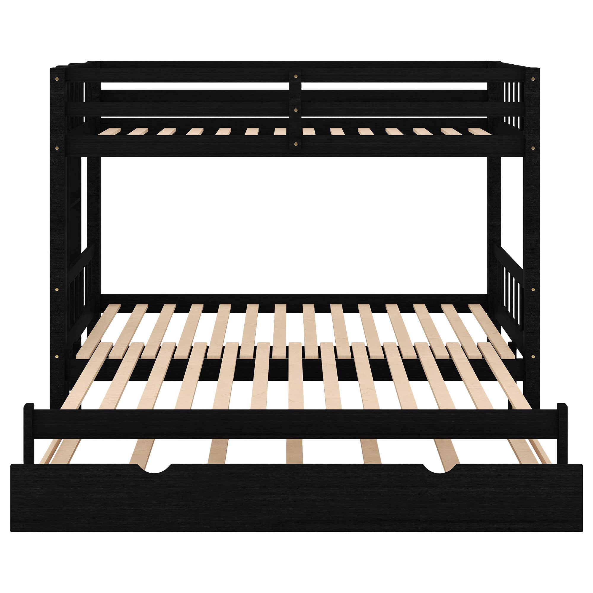 Twin Over Twin Bunk Bed with Trundle - Expandable Wooden Bunk Bed Frame for Kids - Convertible Bottom Bed to Twin/Double - Includes Ladder & Safety Rail - Espresso Finish - Perfect for Small Bedrooms, Guest Rooms & Kids' Shared Spaces