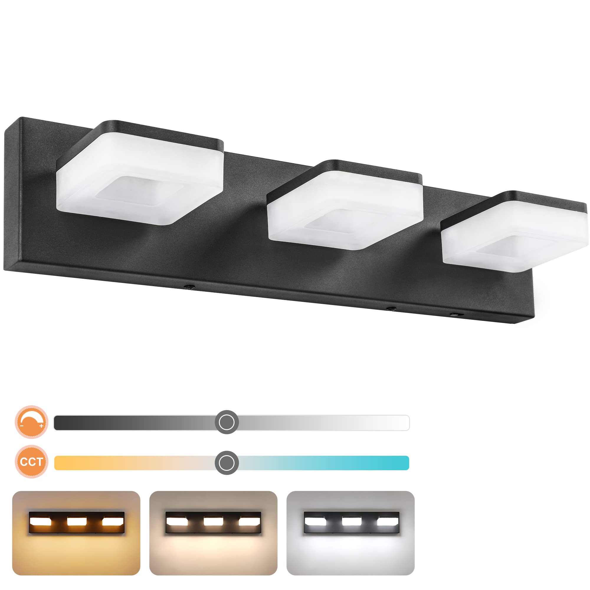 GOODATE 3-Light Dimmable LED Bathroom Vanity Light Fixture - Black Acrylic & Stainless Steel, 3000K/4000K/6000K Adjustable Color Temperature, 360° Rotatable for Mirror Lighting - Perfect for Bathroom, Powder Room, and Dressing Room Vanity Mirror Illumination