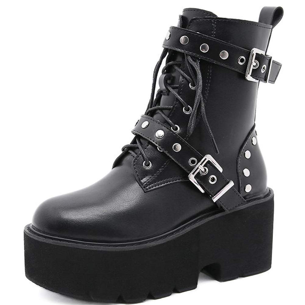 CYNLLIO Women's Fashion Block Heel Platform Ankle Boots - Lace Up Studded Motorcycle Combat Boots for Women, Mid Calf Booties for Casual Outfits, Night Out & Street Style
