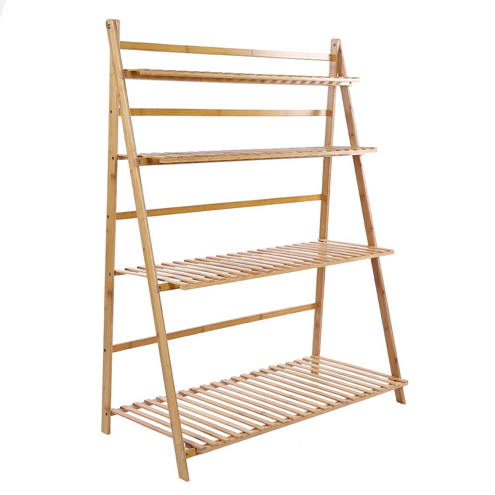 EVTSCAN Foldable 4-Tier Plant Shelf - 3.3ft Wide Bamboo Plant Stand with Thickened Solid Support for Indoor/Outdoor Use - Perfect for Organizing Flower Pots, Displaying Plants in Living Room, Garden or Balcony (Natural Wood Color)