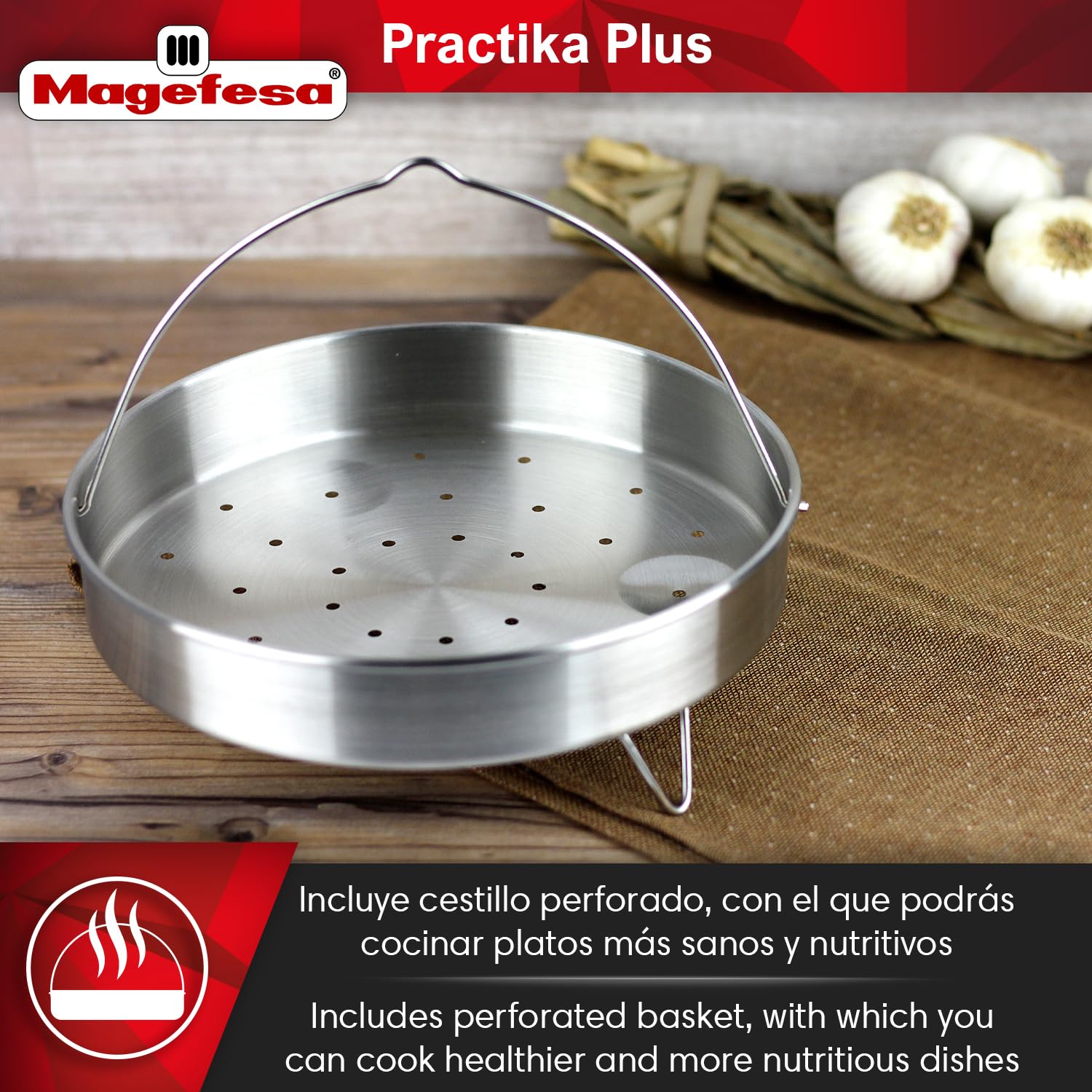 Magefesa Practika Plus 8-Quart Stainless Steel Pressure Cooker - 18/10 Induction Compatible with 5-Layer Heat Diffuser & 5 Safety Systems - Perfect for Canning, Stewing & Fast Cooking in Kitchens