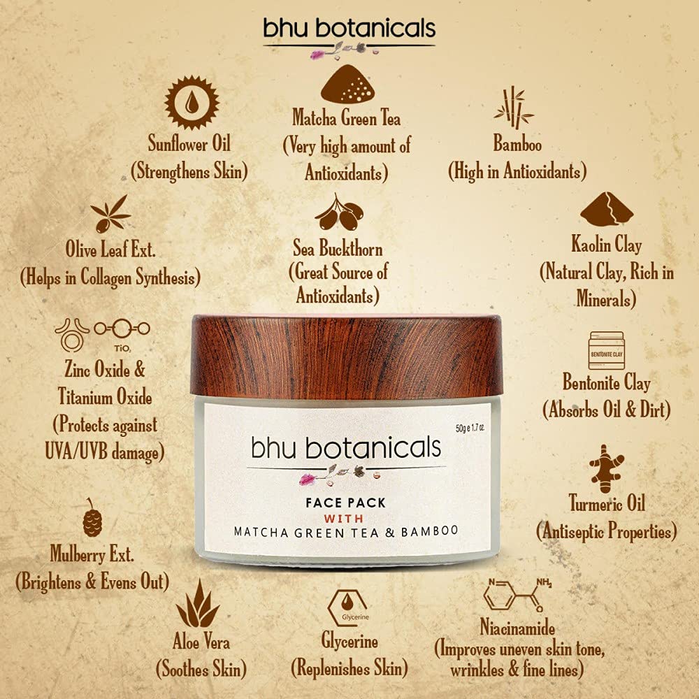 Bhu Botanicals Skin Brightening Face Pack with Matcha Green Tea & Bamboo Extract - 50g | Natural Glow Booster for Dull Skin, Dark Spots & Uneven Tone | Perfect for Daily Skincare Routine & Spa Day
