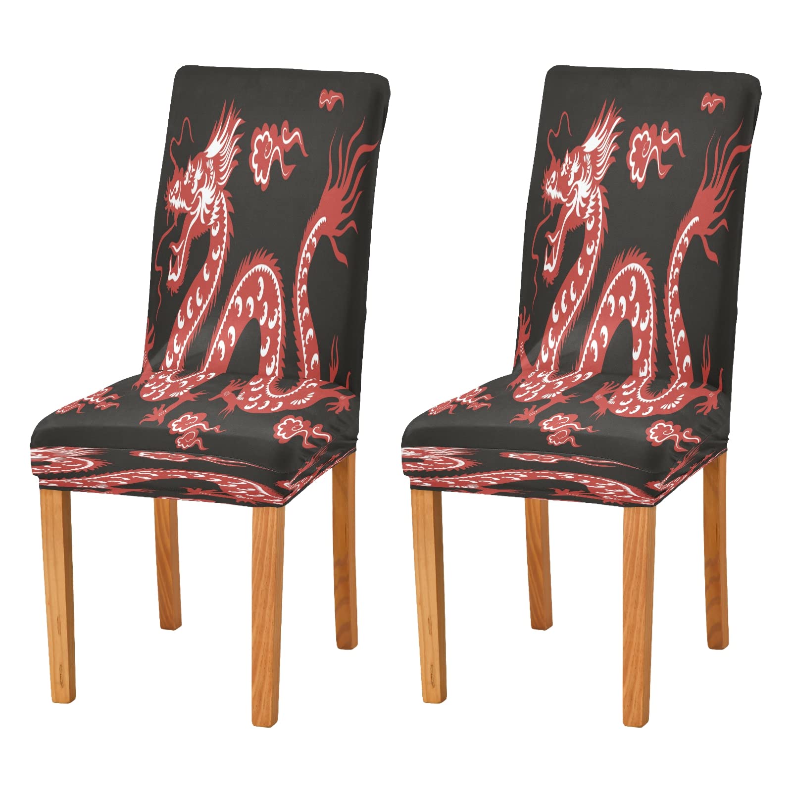 Red Chinese Dragon Stretch Chair Slipcovers Set of 2 - Washable & Removable Dining Room Chair Covers, Anti-Dust Kitchen Seat Protectors for Home Decor | Perfect for Chinese New Year, Asian-Themed Parties & Restaurant Decorations