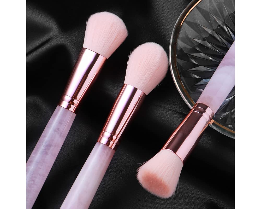 3-Piece Makeup Brush Set with Rose Quartz Handle - Foundation, Powder & Blush Brushes for Flawless Application | Natural Healing Crystal Cosmetic Brushes | Perfect for Travel & Daily Makeup Routine