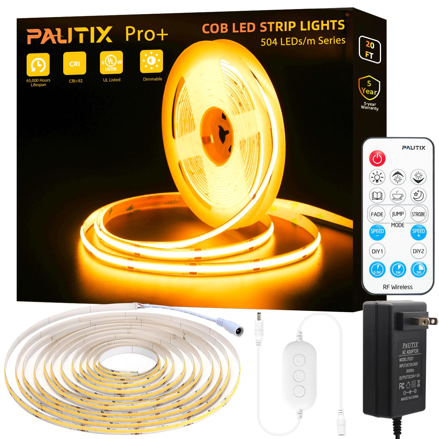 PAUTIX COB LED Strip Light 2000K Warm White, 3087 LEDs DC24V Dimmable LED Tape Light 20ft/6.1m - High Lumen Lighting Kit with RF Remote & Timer, 48W Power Supply - Perfect for Home, Kitchen, Bedroom, Cabinet, and DIY Decorative Lighting