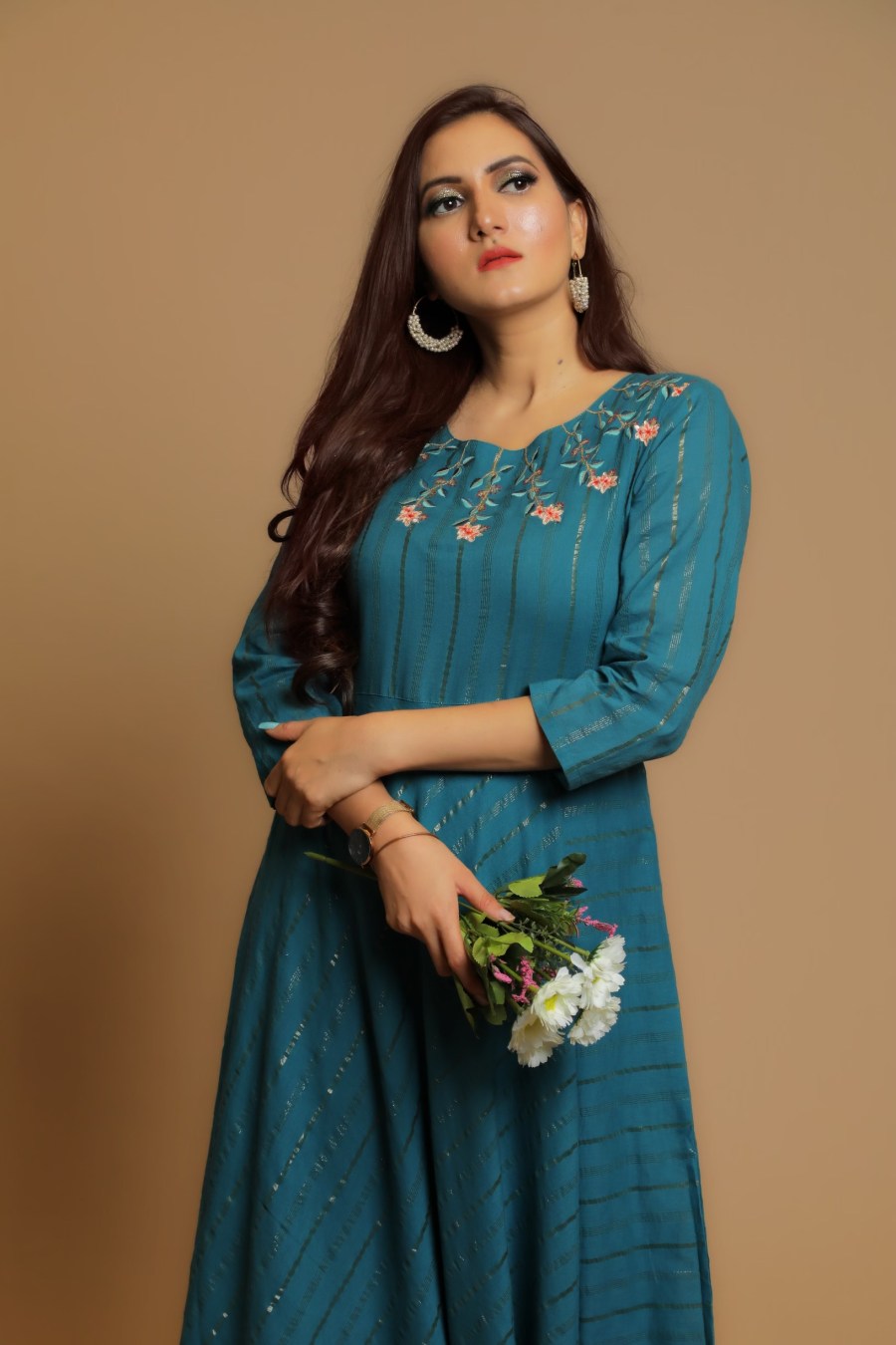 Elegant Teal Blue Embroidered Maxi Dress for Women - Perfect for Festive Occasions, Weddings & Summer Parties