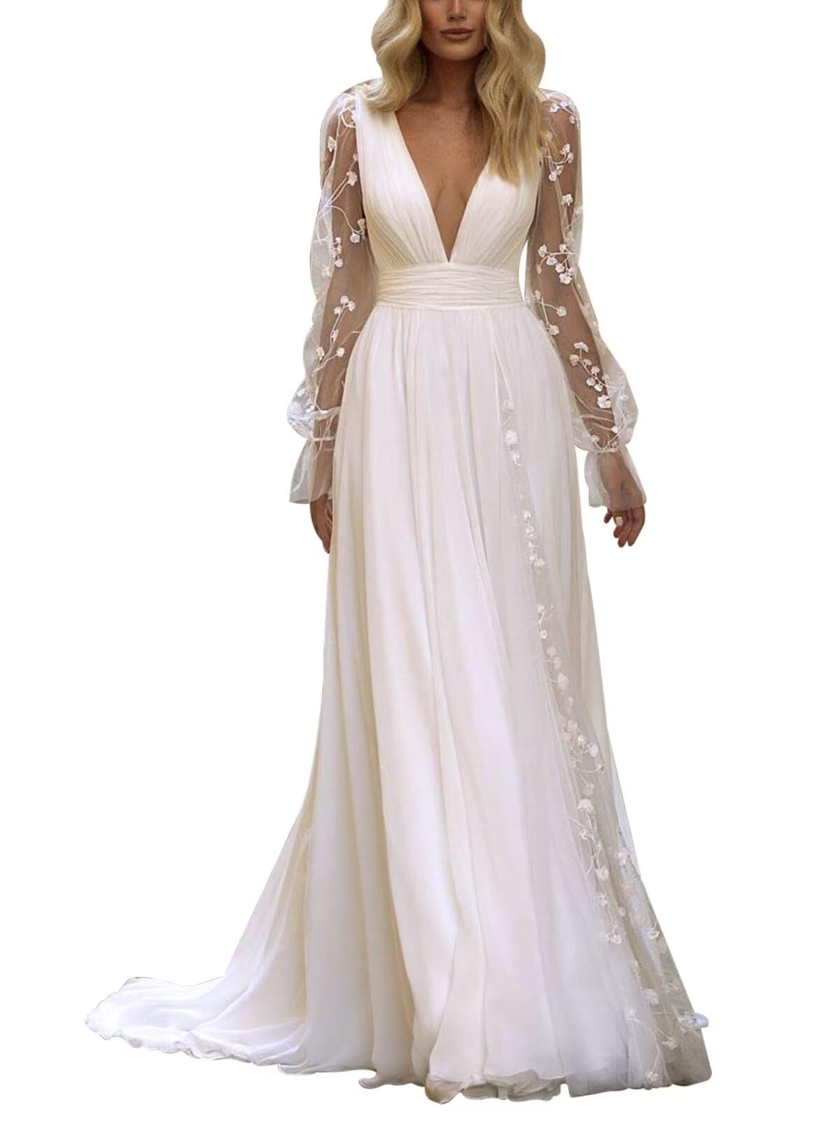 Elegant Lace A-Line Chiffon Wedding Dress with Long Sleeves for Brides - Perfect for Beach Weddings, Vow Renewals & Romantic Photoshoots