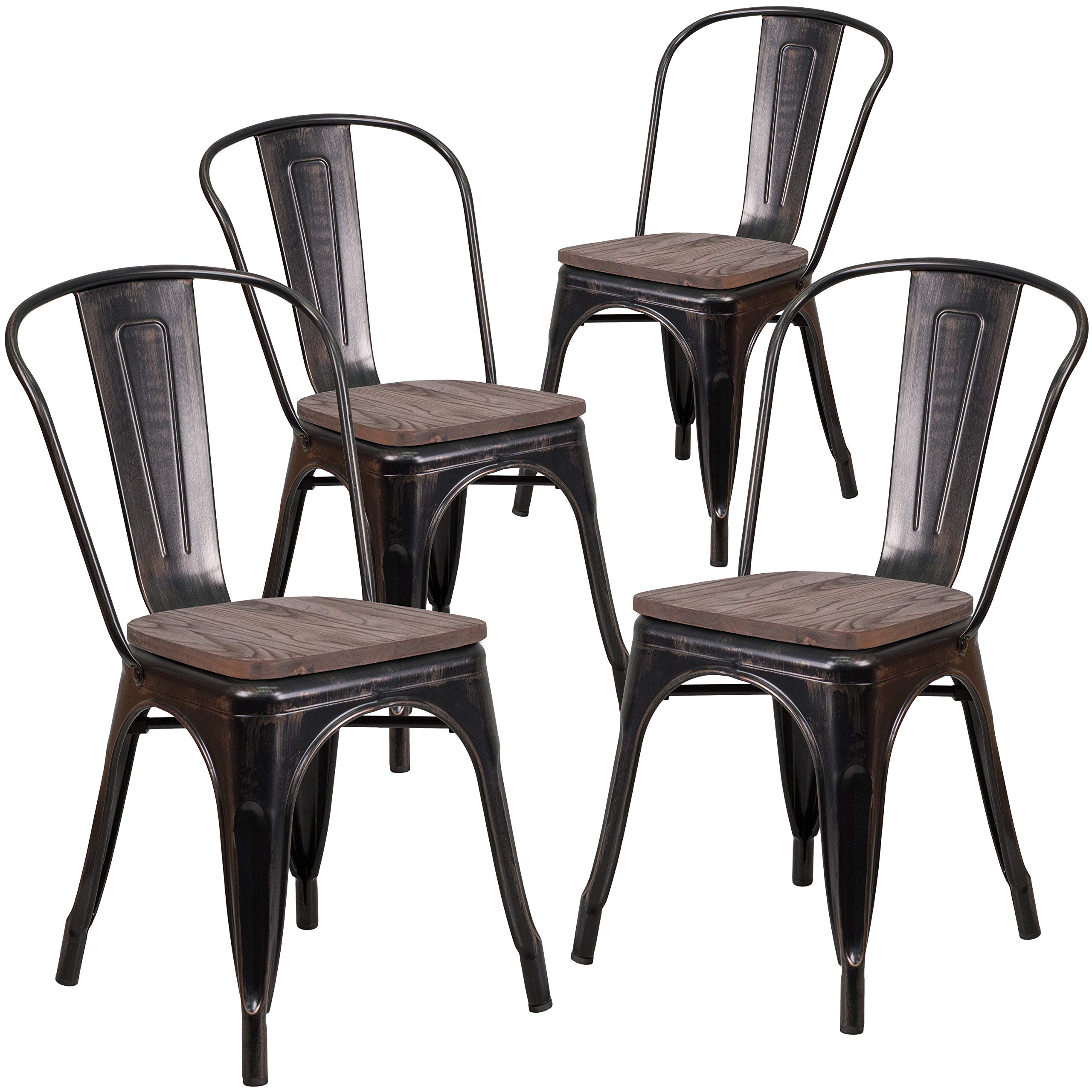4 Pack Black & Antique Gold Metal Stackable Dining Chairs with Wood Seat - Sturdy Restaurant Chairs for Home, Cafe, Bistro & Outdoor Use