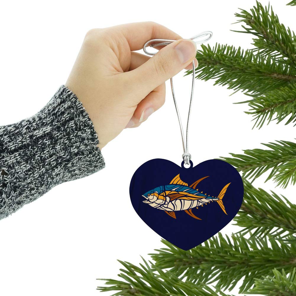 Tuna Fish Design Heart Love Wood Christmas Tree Ornament - Handcrafted Holiday Decoration for Xmas Tree, Home, Office & Gift Giving