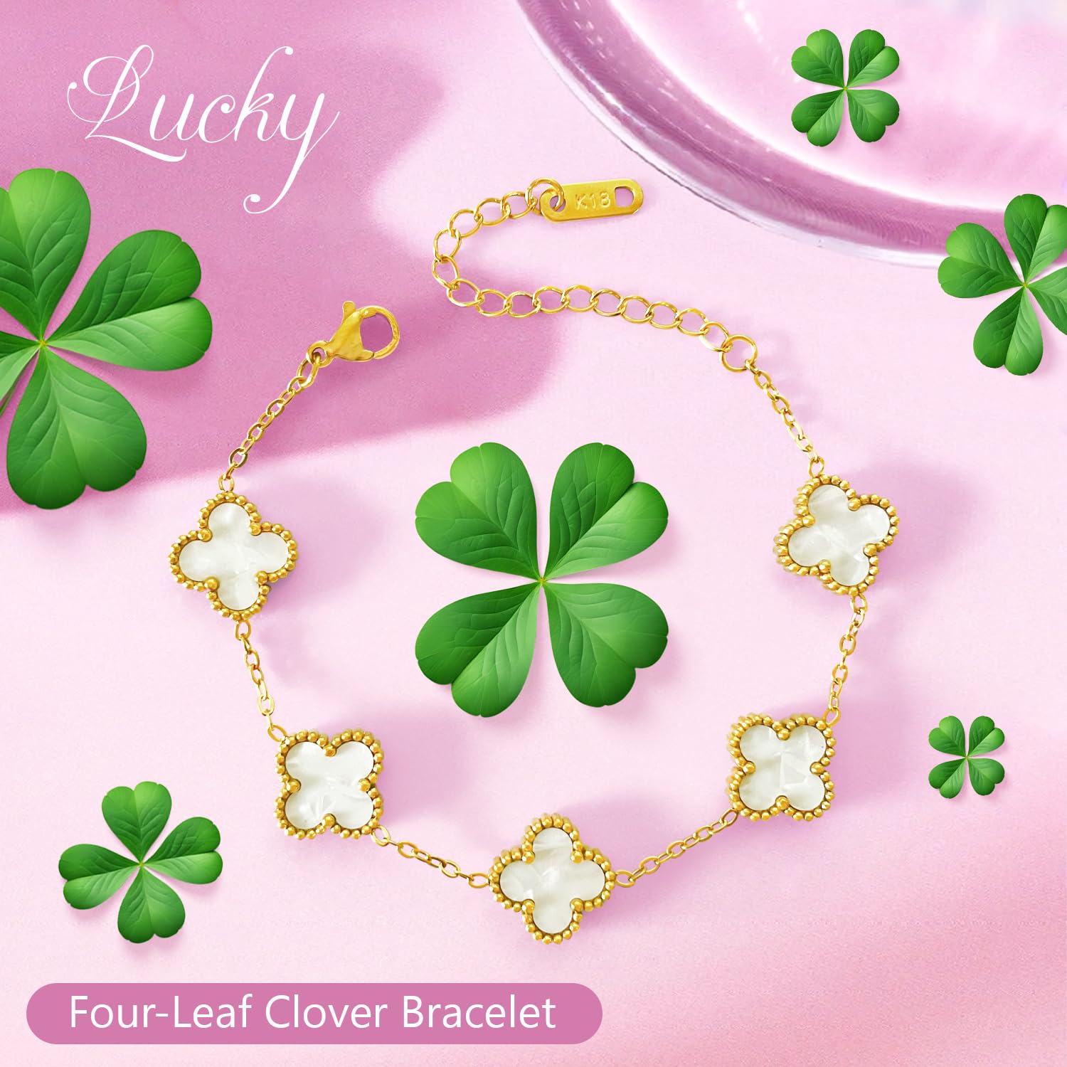 18K Gold Plated Clover Bracelet for Women - Lucky Four Leaf Clover Jewelry Set in Gold/White/Black | Elegant Gift for Christmas, Valentine's Day, Birthday & Everyday Wear