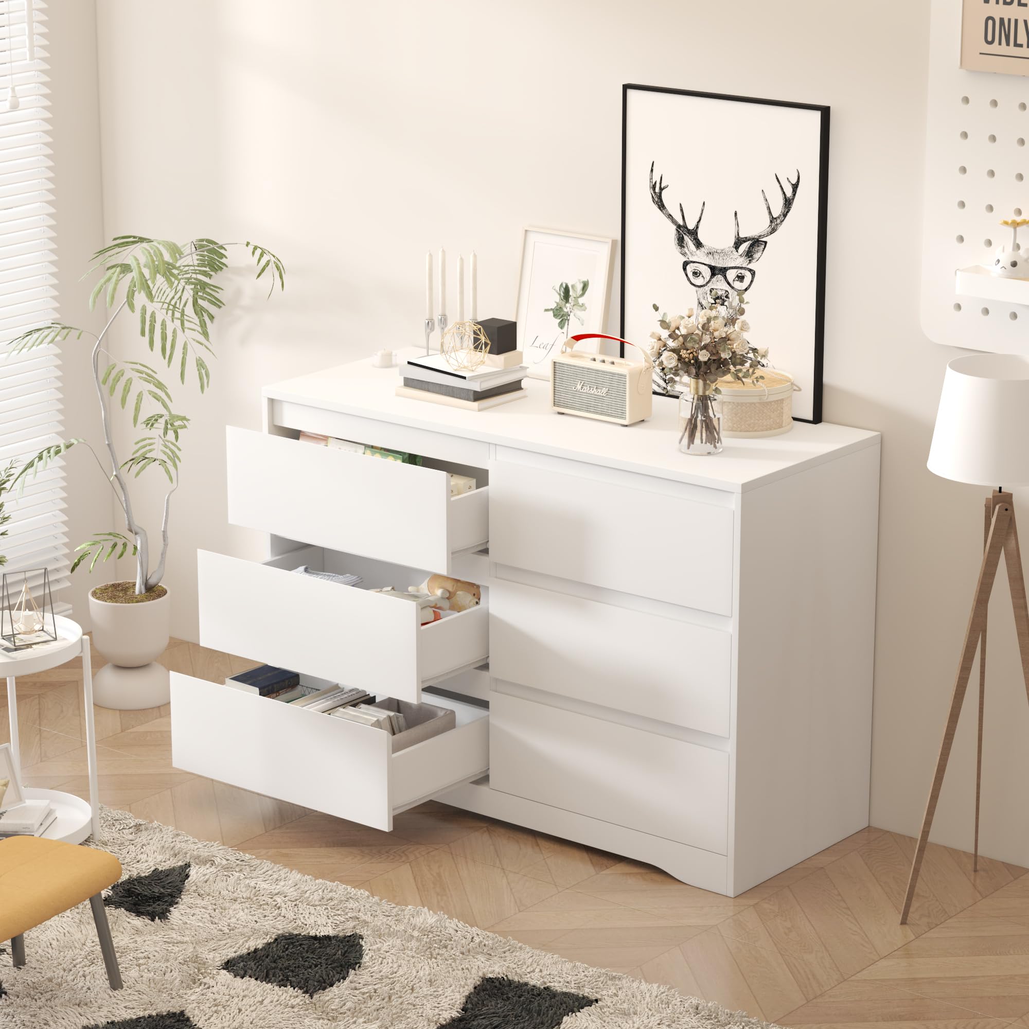 Modern 6-Drawer Dresser for Bedroom & Living Room - White Wooden Storage Chest with Deep Drawers - Perfect for Bedroom Organization, Entryway Storage & Hallway Decor