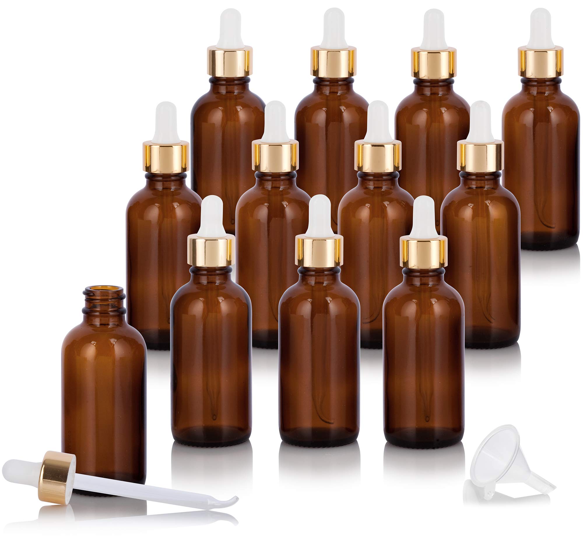 JUVITUS 2 oz Amber Glass Boston Round Bottle with Gold Metal and Glass Dropper - 12 Pack with Free Funnel - Essential Oil Bottles, DIY Skincare Containers, Travel-Sized Liquid Storage for Home & Beauty Use