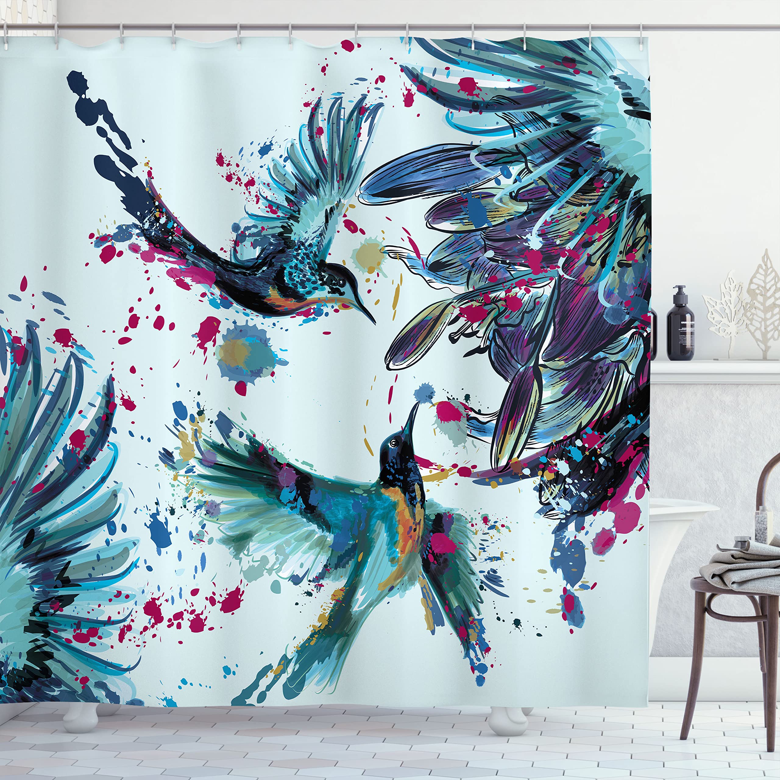 Ambesonne Hummingbird Shower Curtain - Watercolor Floral Design with Lily Flowers & Birds, 69x75 Inch Almond Fabric Bathroom Decor Set with Hooks | Elegant Bathroom Upgrade for Home, Spa, or Guest Room