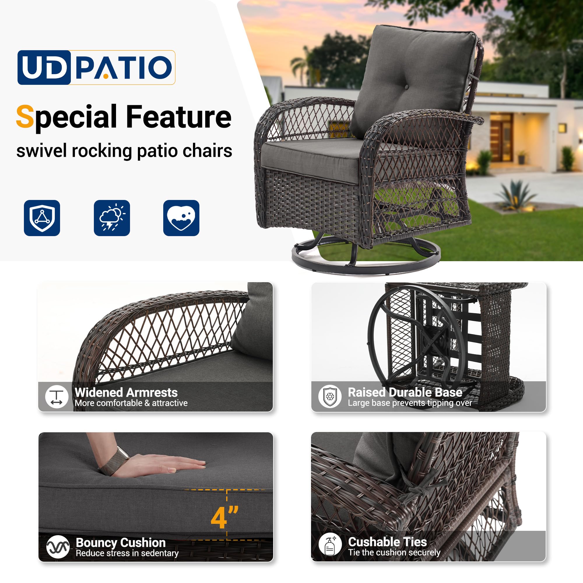 UDPATIO 3-Piece Outdoor Patio Furniture Set - 2 Swivel Rocking Chairs with Thick Cushions & Glass Coffee Table - All-Weather Wicker Glider Chairs for Porch, Deck, Backyard, Garden (Grey) | Perfect for Relaxing, Entertaining & Outdoor Lounging