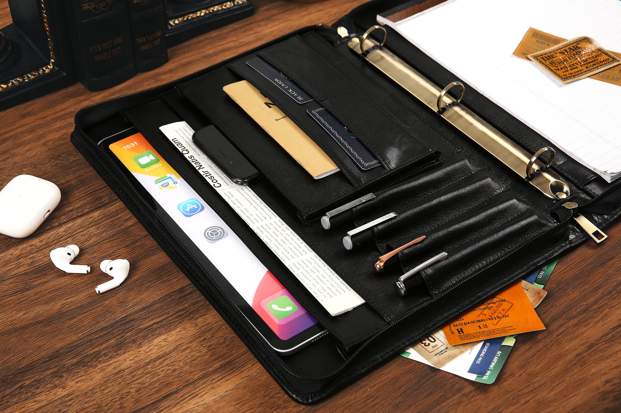 Genuine Leather 3-Ring Binder Portfolio - Handmade Business Padfolio with Legal Pad Holder, Left & Right Hand Compatible - Oil Black - Perfect for Office, Meetings, and Professional Presentations