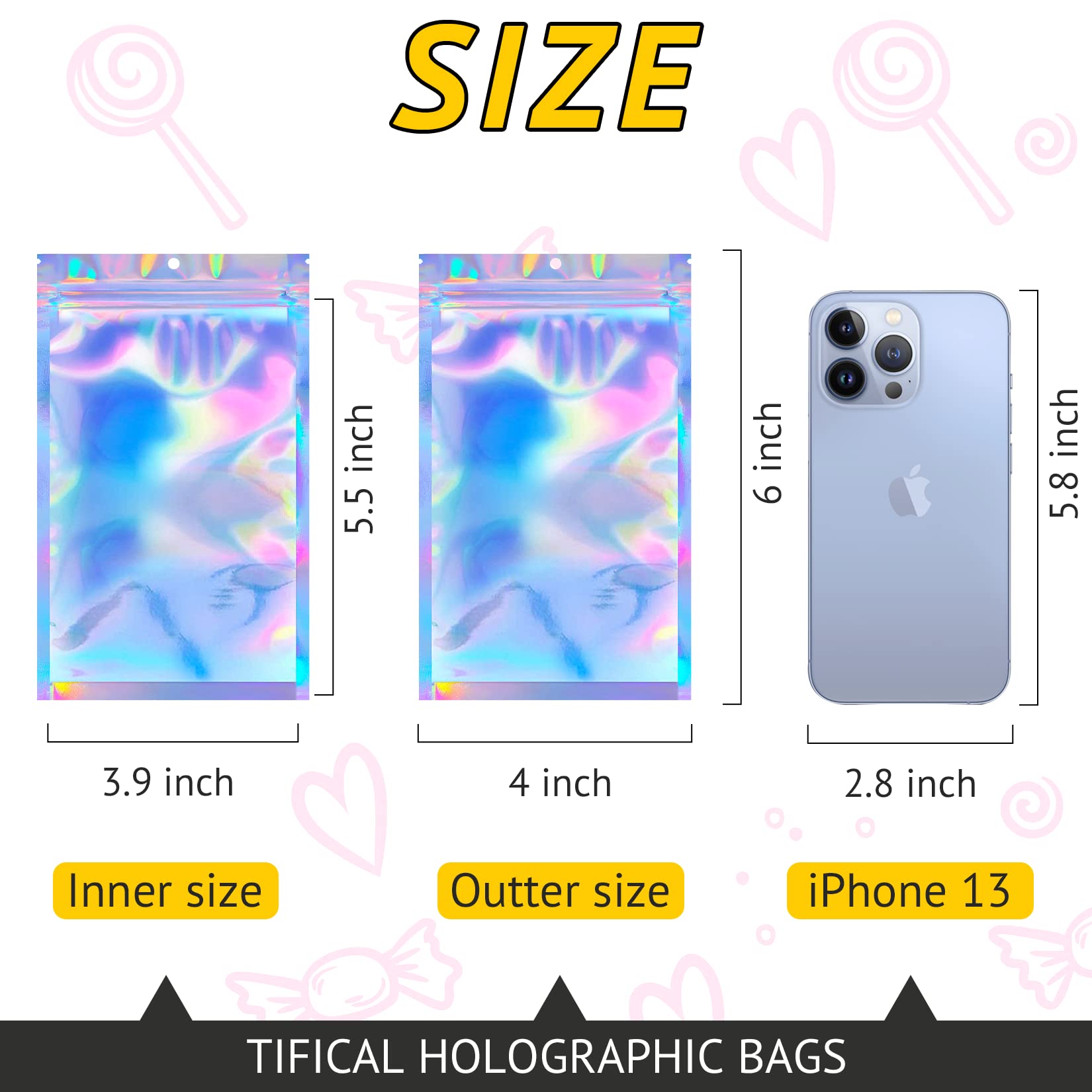 100 PCS Holographic Resealable Bags - Smell Proof Packaging for Lashes, Press On Nails, Jewelry, Candy & Small Items - Perfect for Small Business, Food Storage & Travel Organization