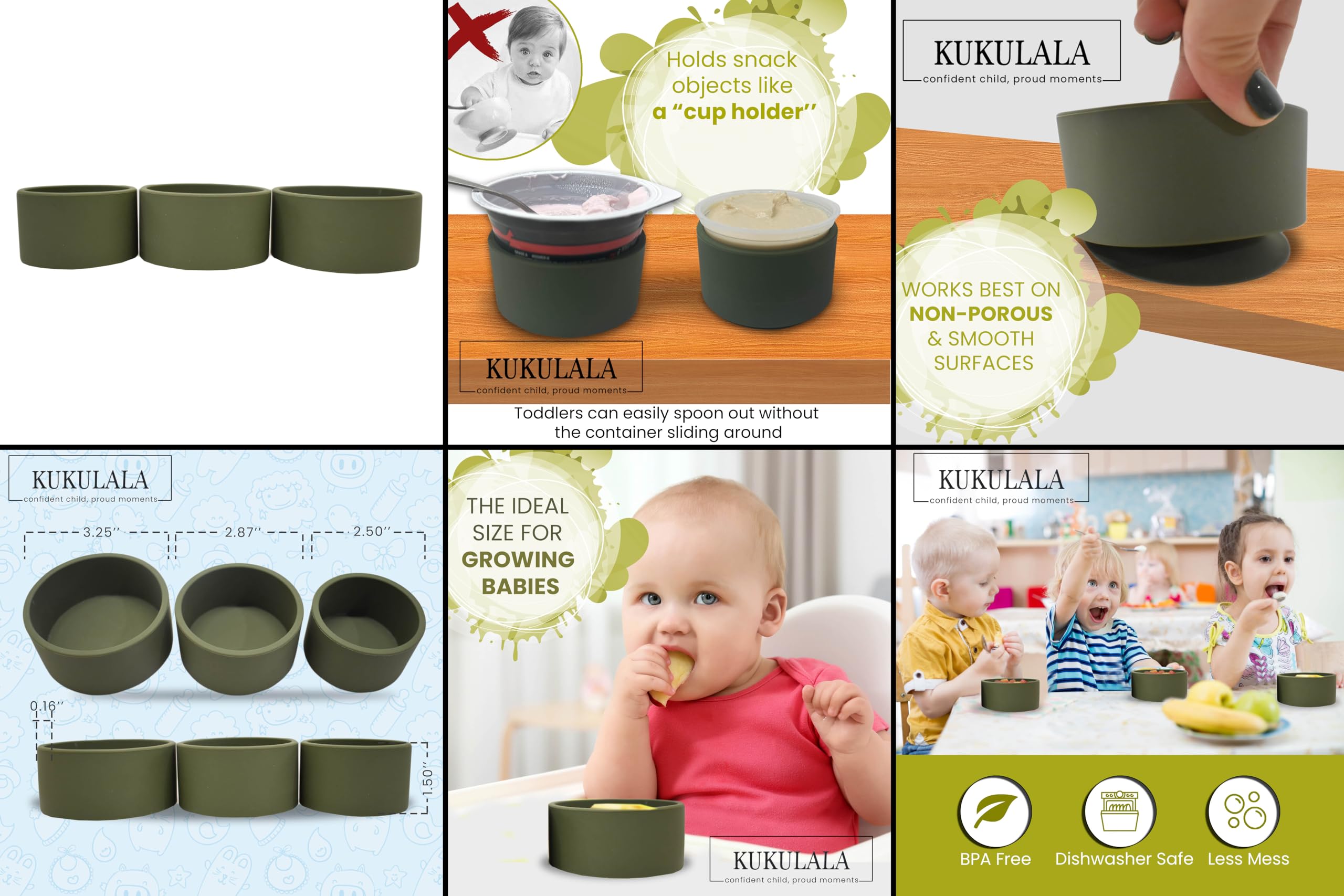Stay Put Suction Cups - Silicone Small Bowls for Baby, Toddler, Snacks & Small Item Storage (Olive Green) | Microwave & Dishwasher Safe | Perfect for Highchair Trays, Travel & Kitchen Organization