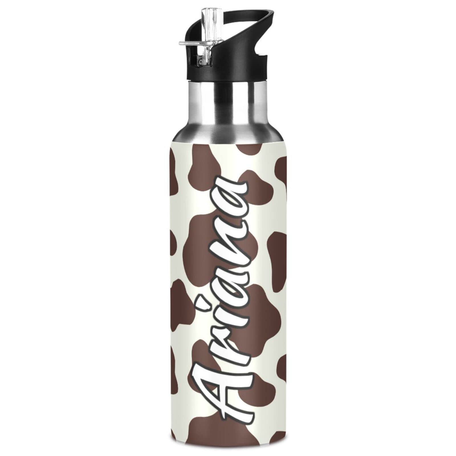 Custom 33oz Insulated Stainless Steel Water Bottle with Straw Lid - Brown & White Cow Print Design - Personalized Sports Bottle for Gym, Office & Outdoor Activities