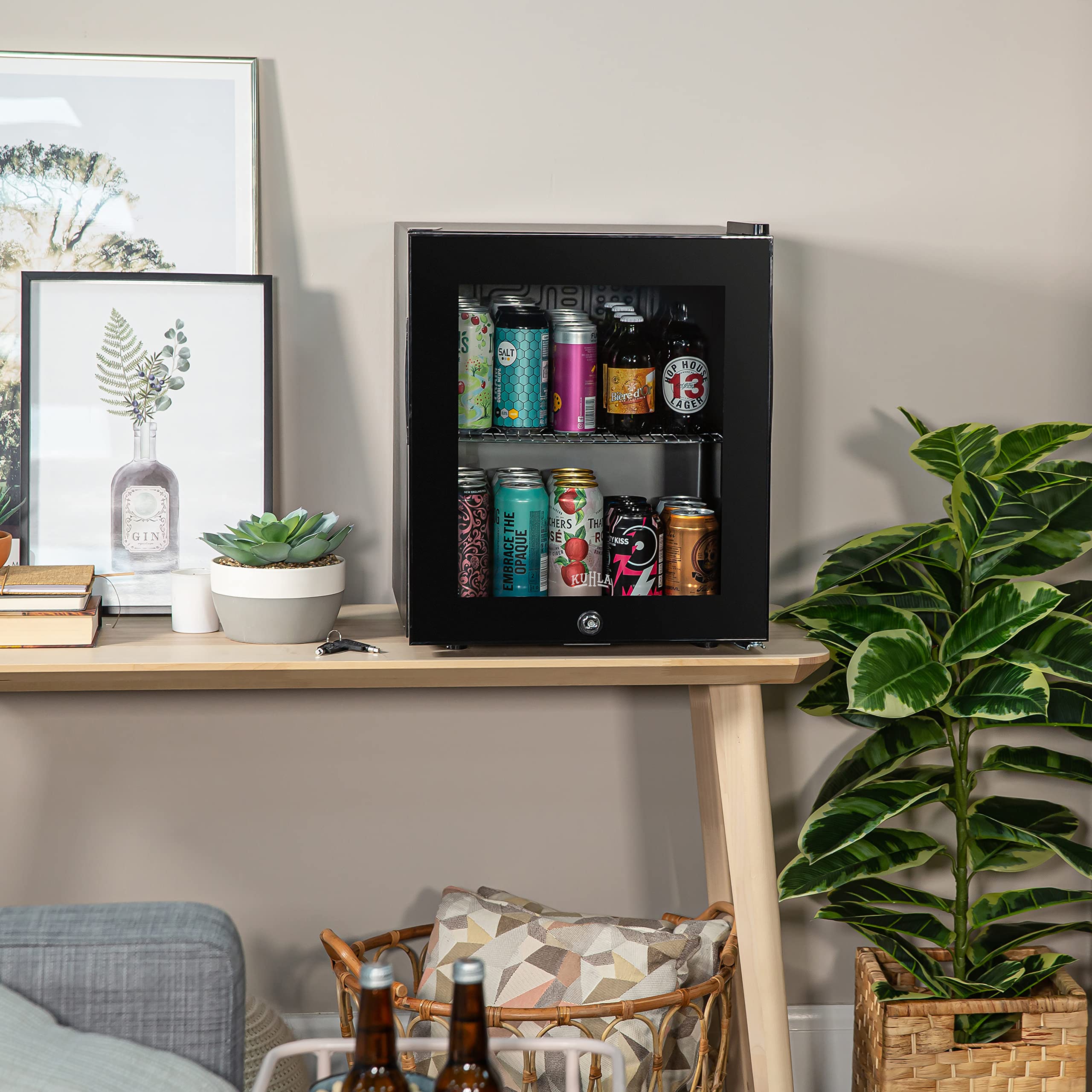 Kuhla 46L/38 Can Mini Fridge with Lock & Key - Compact Black Tabletop Beer & Beverage Cooler for Home, Office, Dorm Room | Portable Drink Refrigerator for Parties, Gaming Rooms & Small Spaces