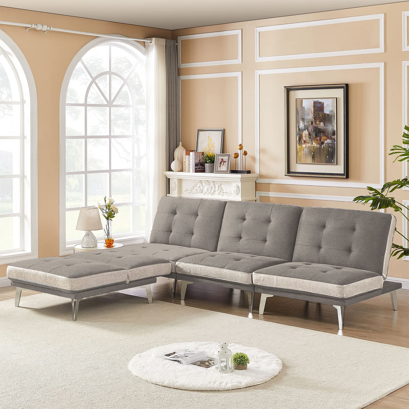 KIVENJAJA Modular Sectional Sofa Bed - Convertible L-Shaped Sleeper Sofa with Tufted Polyester Fabric, Reclining Loveseat & Metal Legs - 4-Seater Futon Couch for Living Room (Brown) | Perfect for Small Spaces, Apartments & Home Theater Lounging