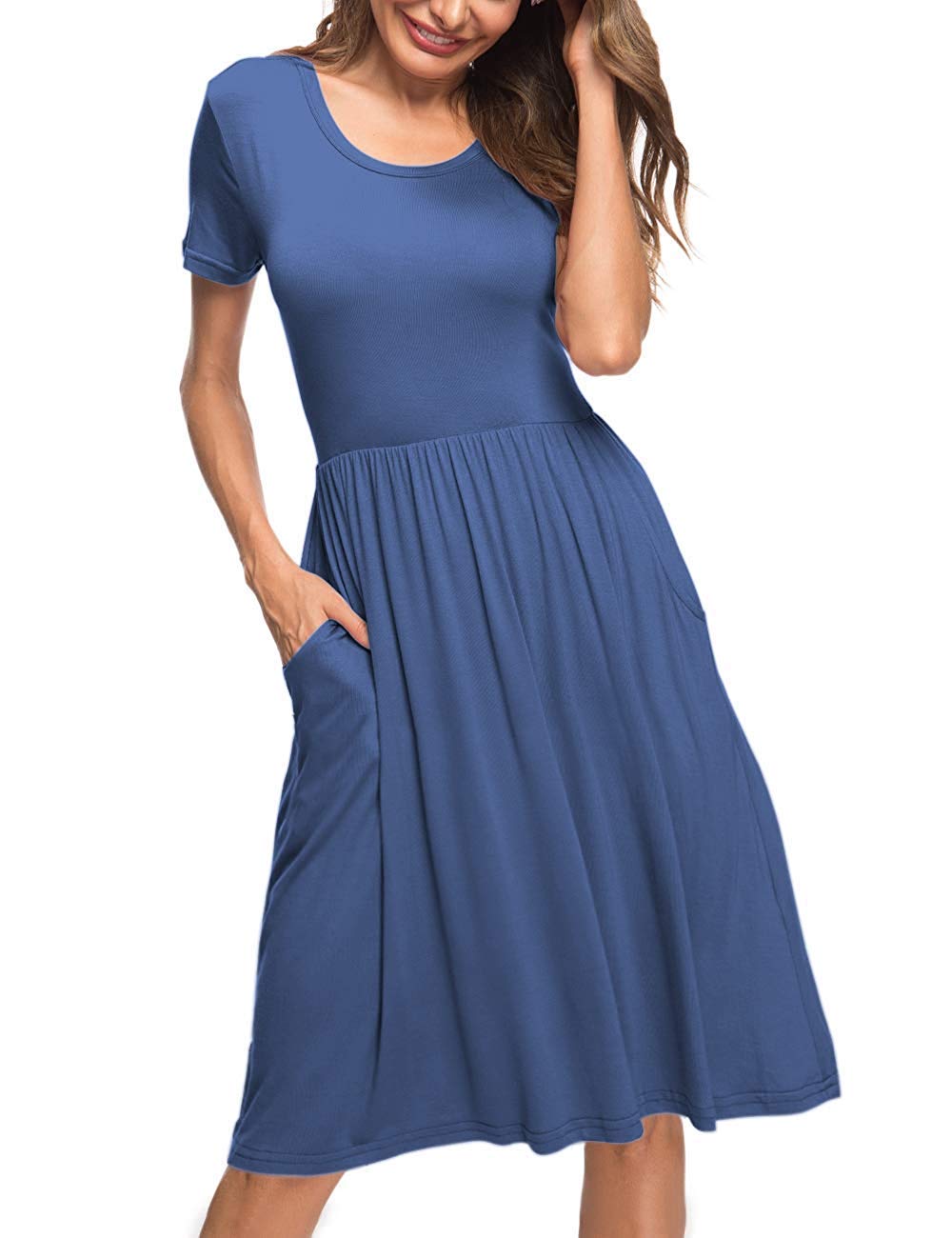 AUSELILY Women's Summer Short Sleeve Empire Waist Dress - Pleated Loose Swing Knee Length Casual Dress with Pockets | 2025 New Collection | Perfect for Beach, Vacation, Office & Date Night