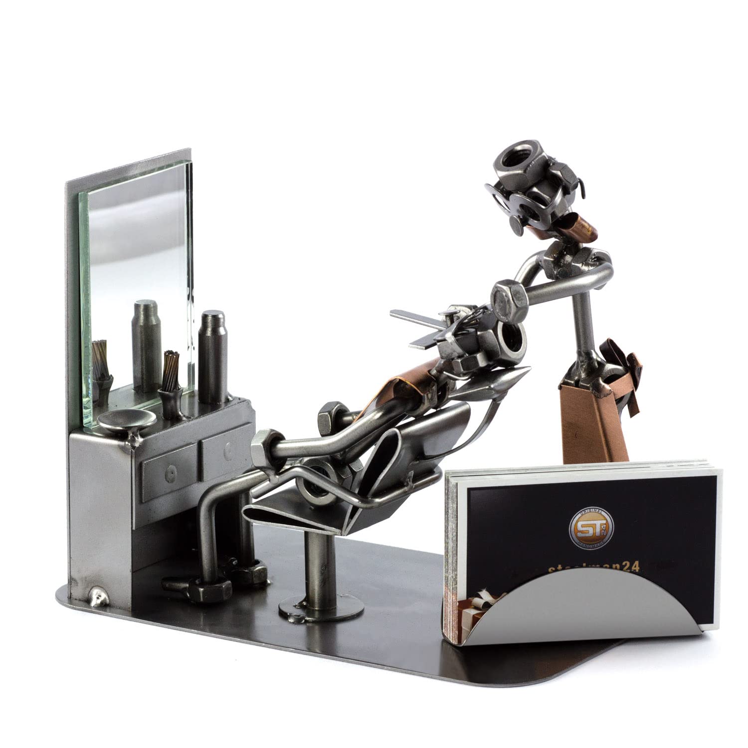 Handmade Metal Barber Sculpture with Business Card Holder | Nuts and Bolts Figurine | Made in Germany | Perfect for Barber Shops, Offices & Man Cave Decor