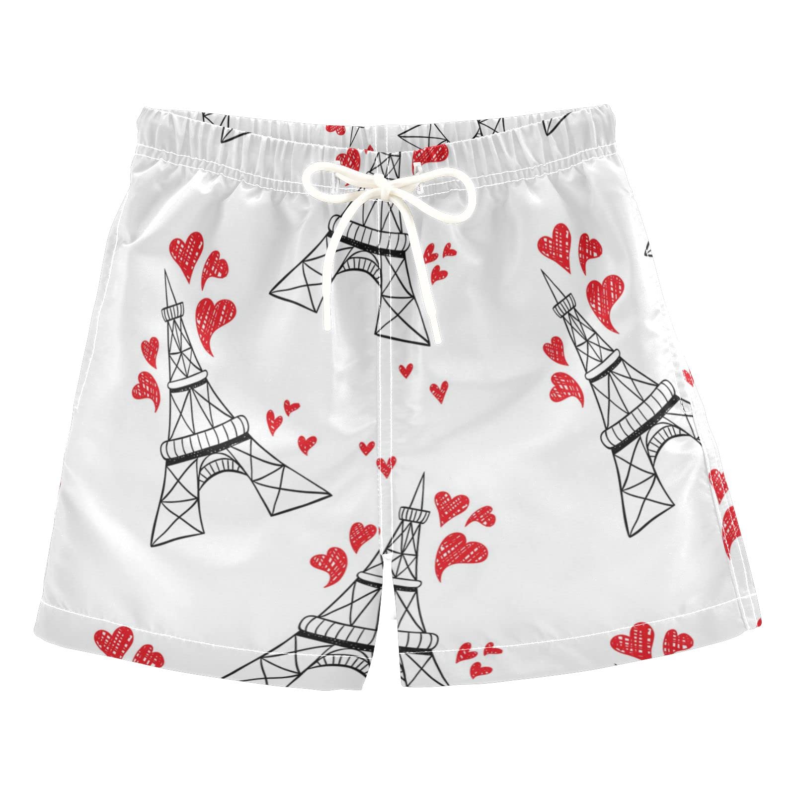 Boys' Eiffel Tower Love Hearts Pattern Swim Trunks - Quick Dry Board Shorts for Beach, Surf & Pool - Hawaii Vacation Essentials for Summer Water Activities