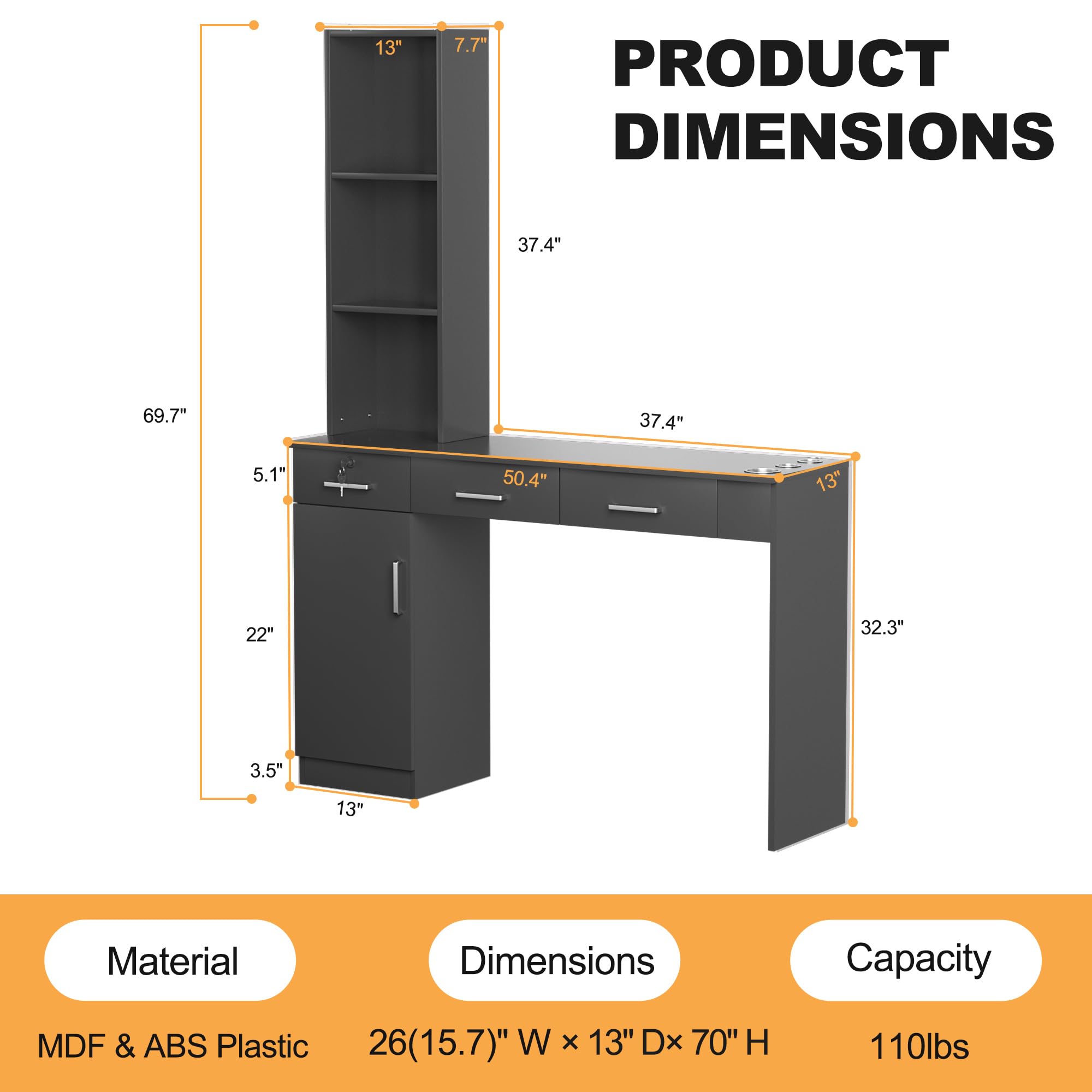 Professional Barber Salon Work Station - Hair Stylist Organizer Cabinet with Storage for Home & Beauty Salon Equipment | Durable Barbershop Furniture in Black | Perfect for Small Spaces & Mobile Stylists