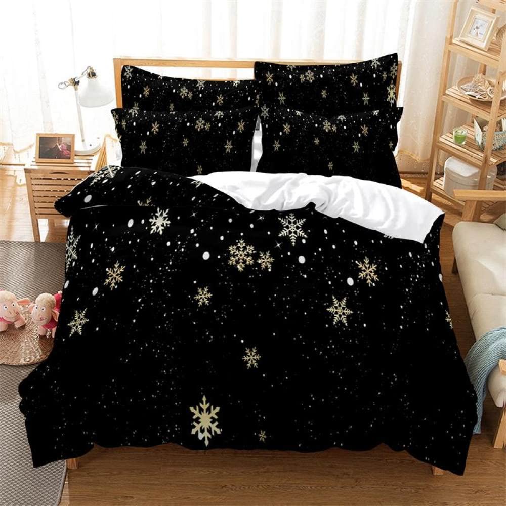YJDCX Christmas Duvet Cover Queen Size - Black Snowflake Bedding Set with Pillowcases | Holiday Comforter Set for Adults | 172x218cm | Perfect for Winter Bedroom Decor & Festive Home Styling