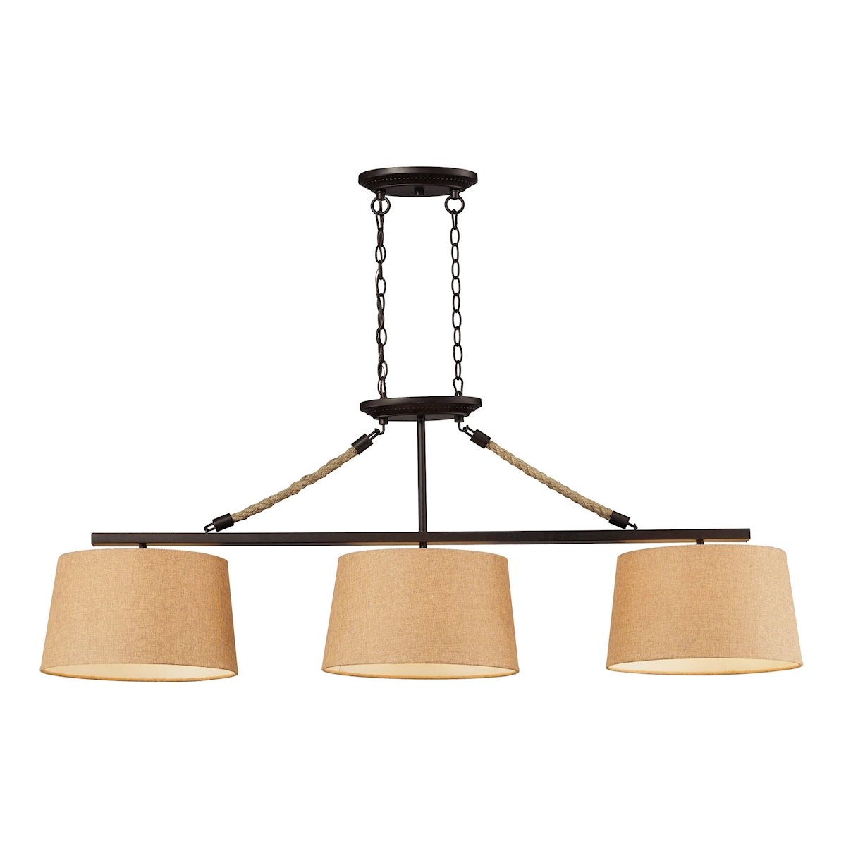 Vintage Aged Bronze 3-Light Island Pendant with Natural Tan Linen Shades - Farmhouse Kitchen Lighting for Dining Room, Bar Counter & Breakfast Nook