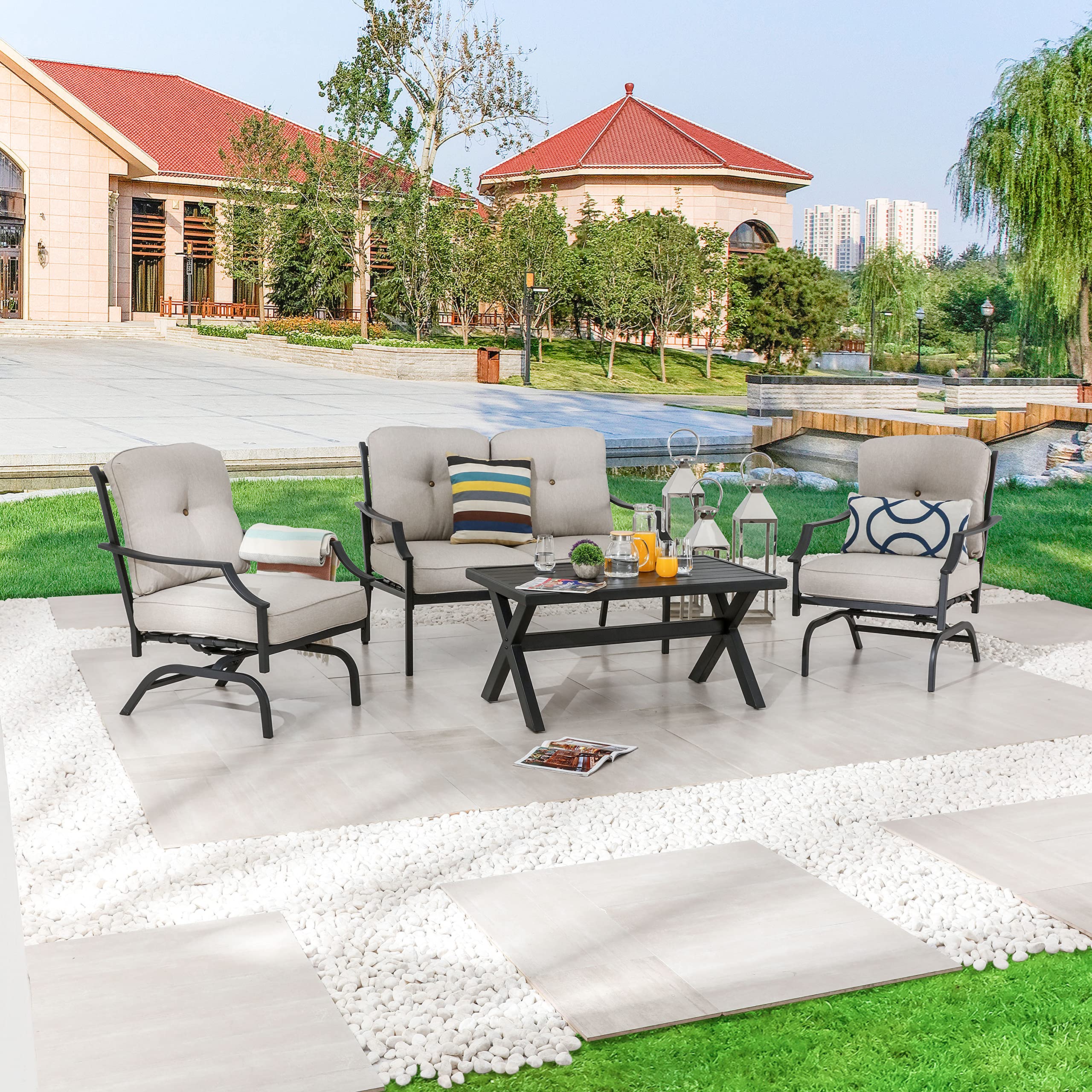 LOKATSE HOME 4-Piece Outdoor Patio Furniture Set - Beige Loveseat, 2 Single Sofas & Coffee Table for Backyard, Garden, Poolside, Balcony | Durable Weather-Resistant Conversation Set for Relaxing & Entertaining